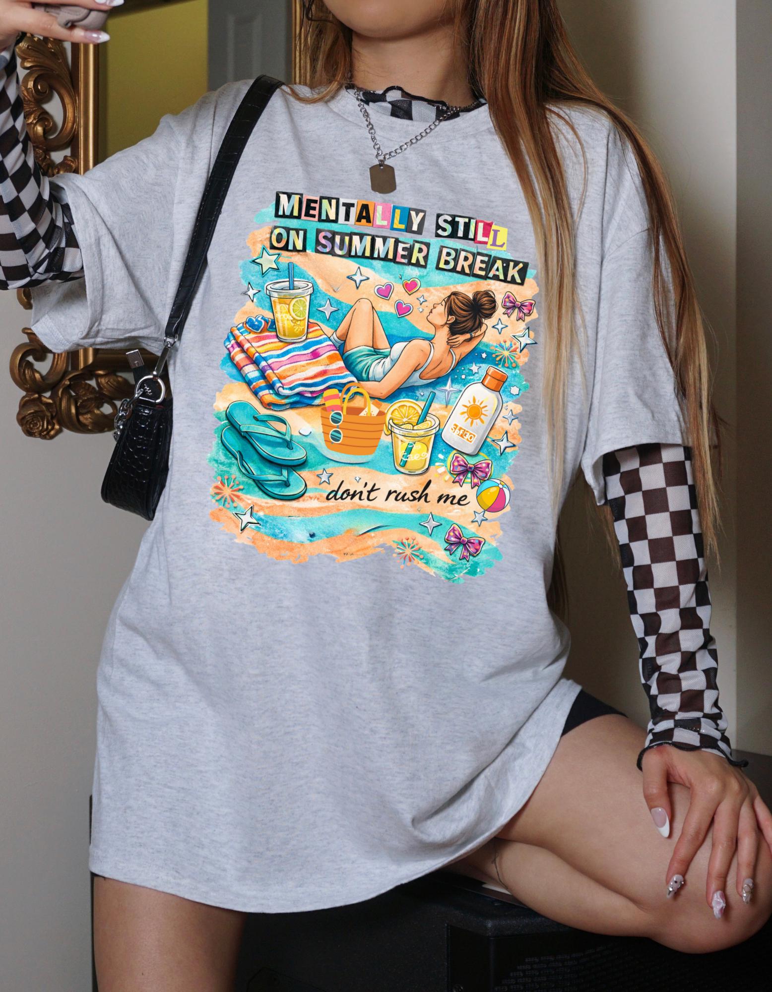 Mentally Still on Summer Break T-shirt | Beach Scene, Sunbathing Graphic, Relaxation Vibes