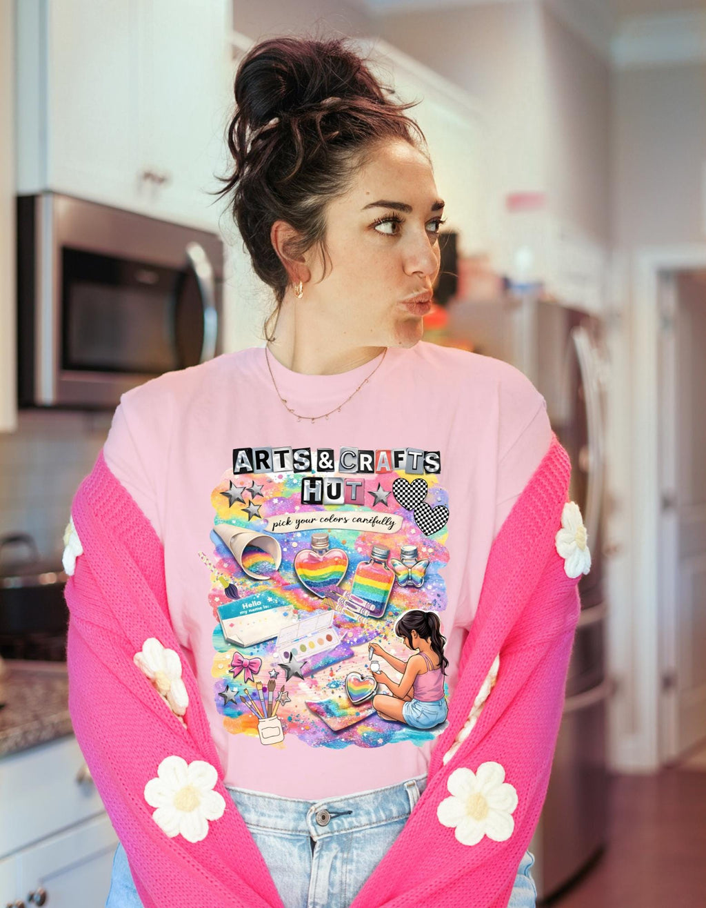 Arts & Crafts Hut Graphic T-Shirt | Colorful Supplies Illustration Tee for Creative Kids Artist Gift