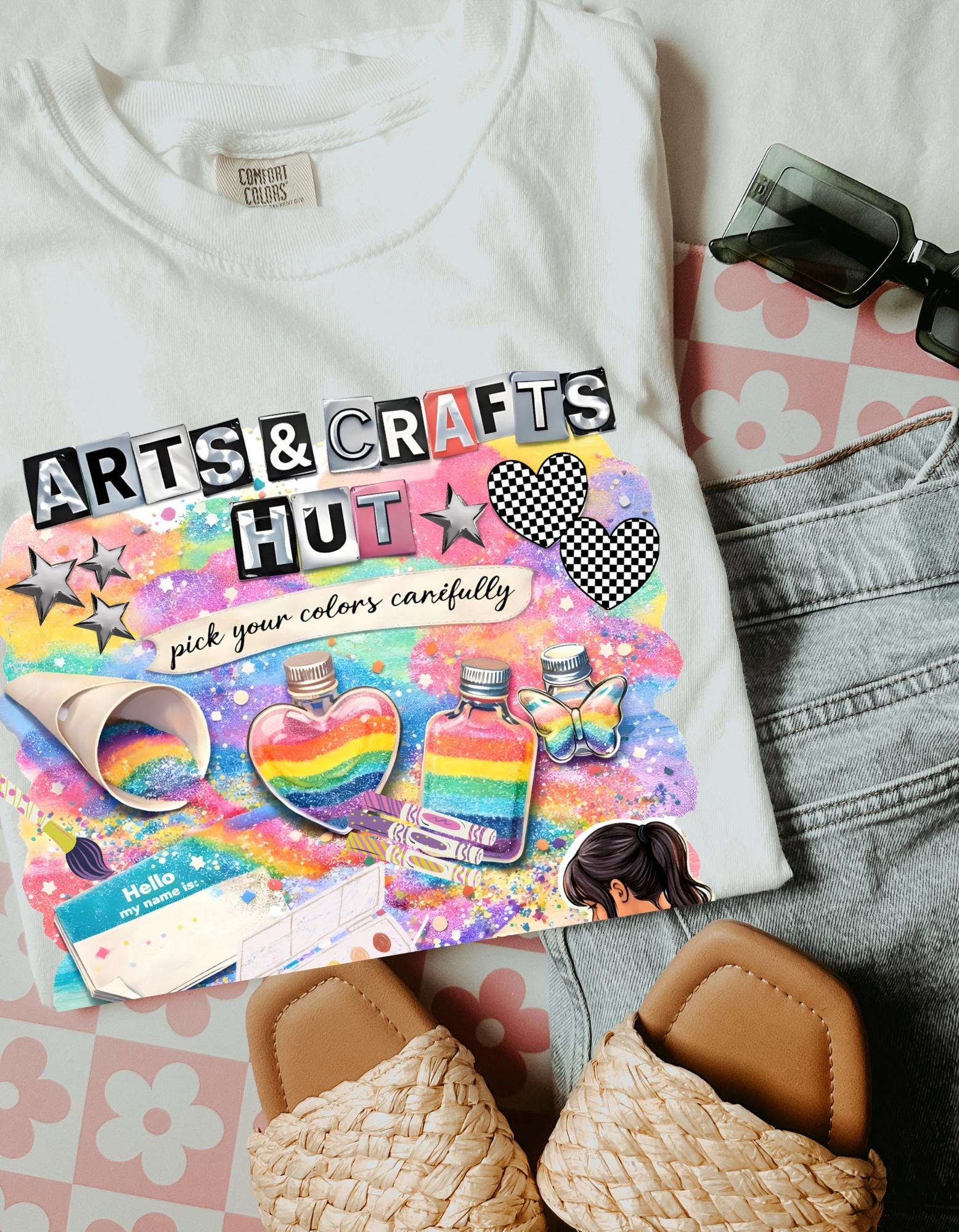 Arts & Crafts Hut Graphic T-Shirt | Colorful Supplies Illustration Tee for Creative Kids Artist Gift