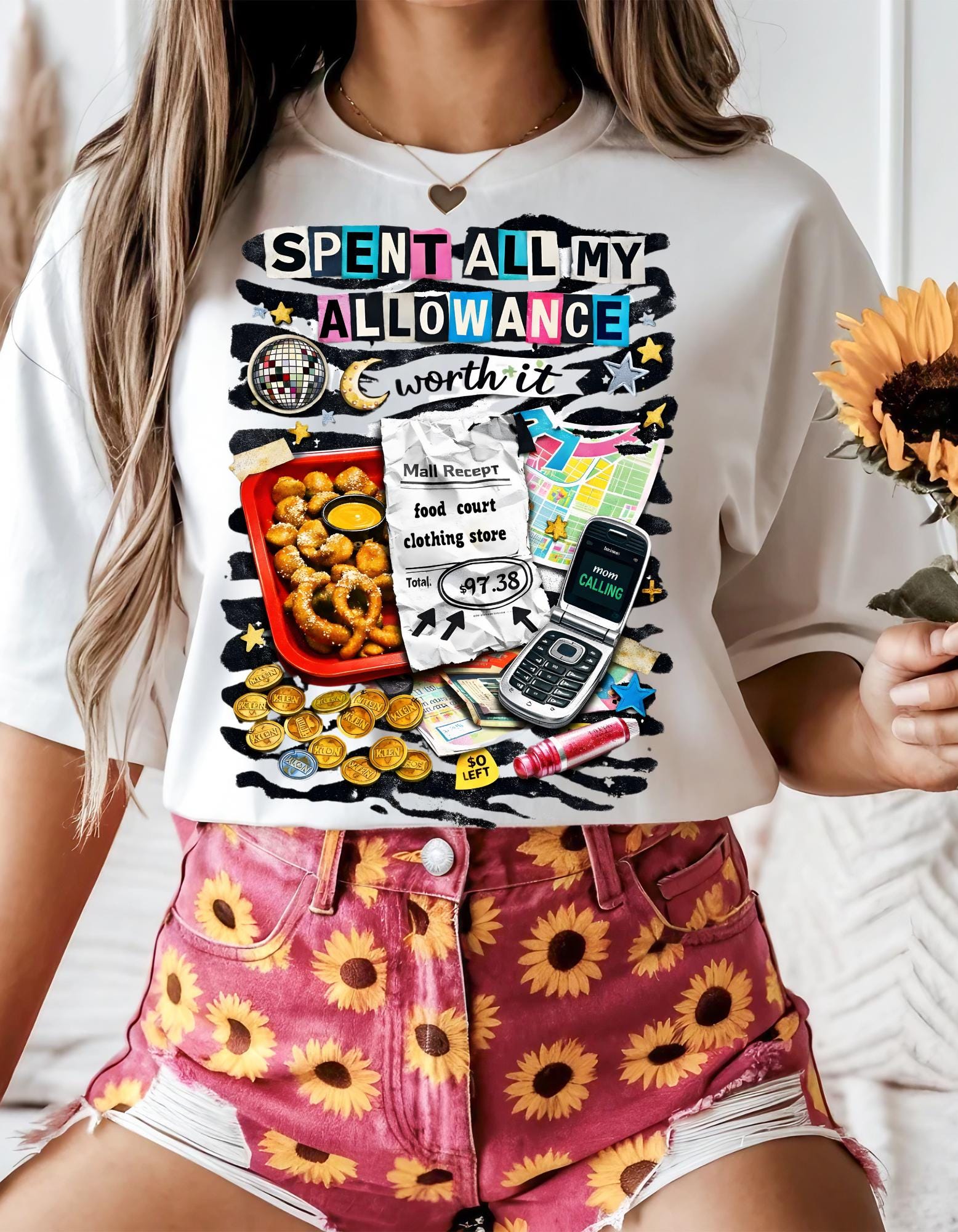 Spent All My Allowance T-Shirt | Retro Snacks, Coins, Flip Phone Design