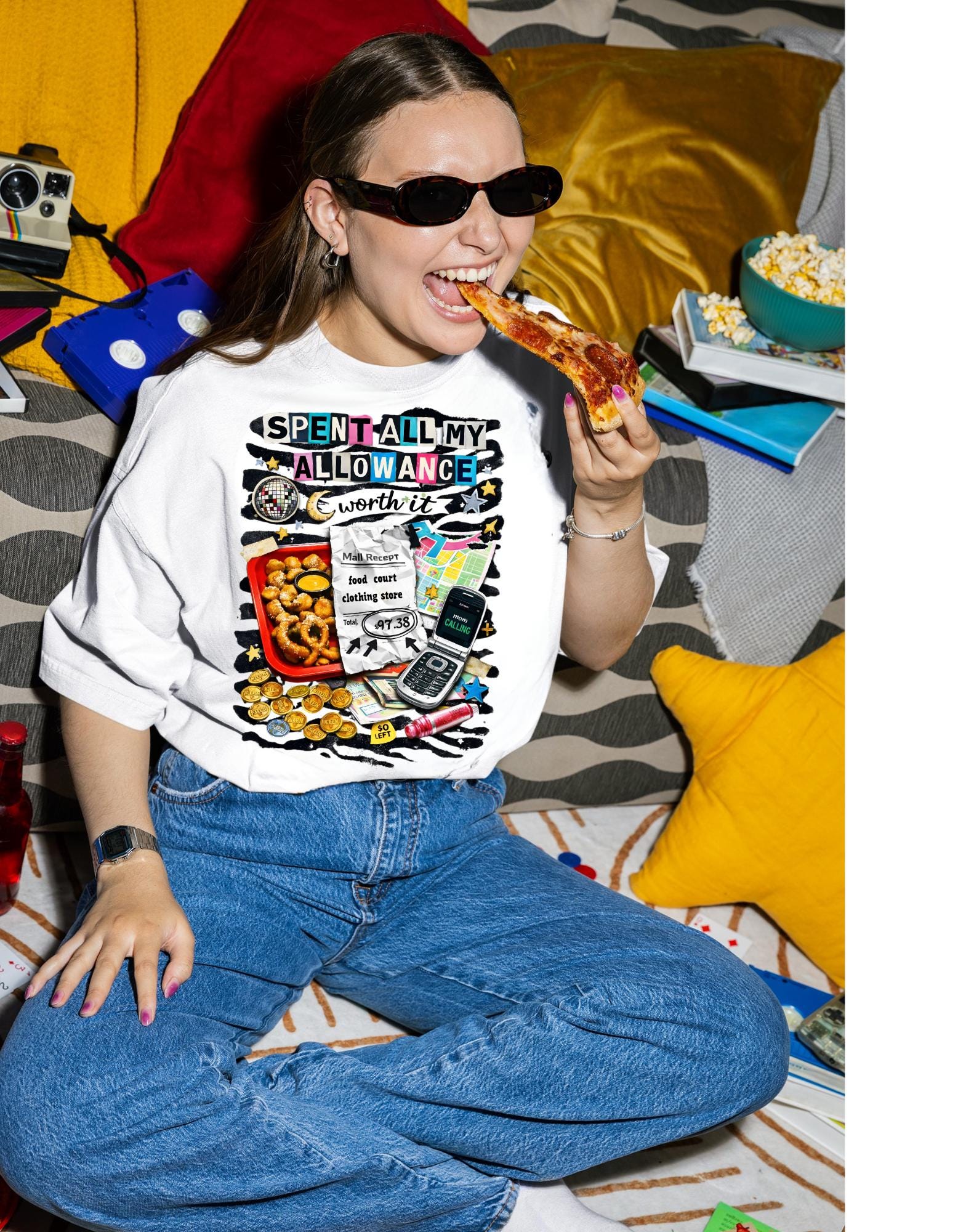 Spent All My Allowance T-Shirt | Retro Snacks, Coins, Flip Phone Design