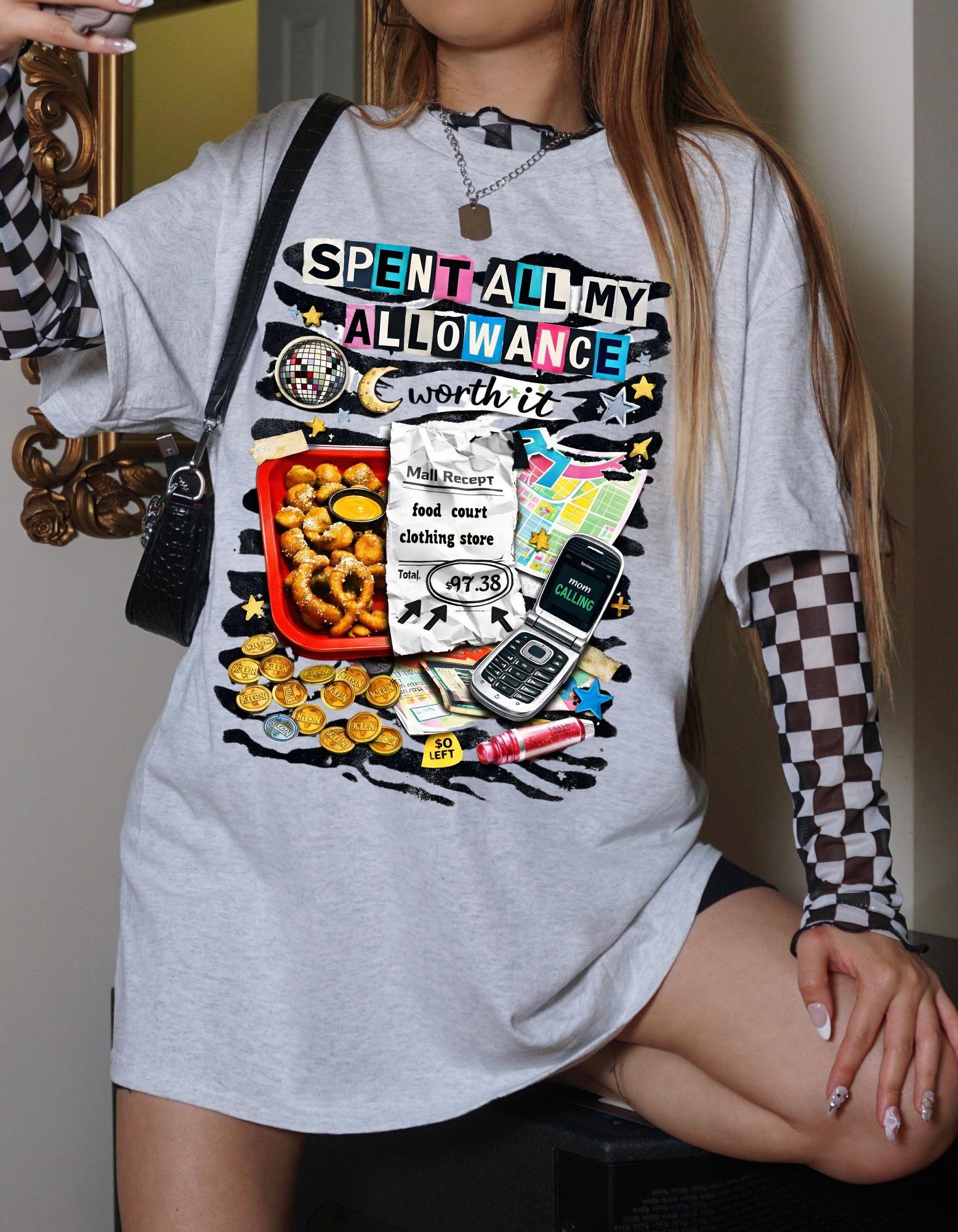 Spent All My Allowance T-Shirt | Retro Snacks, Coins, Flip Phone Design