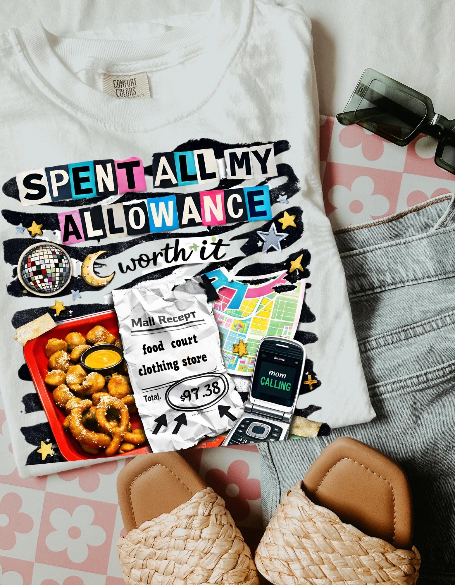 Spent All My Allowance T-Shirt | Retro Snacks, Coins, Flip Phone Design