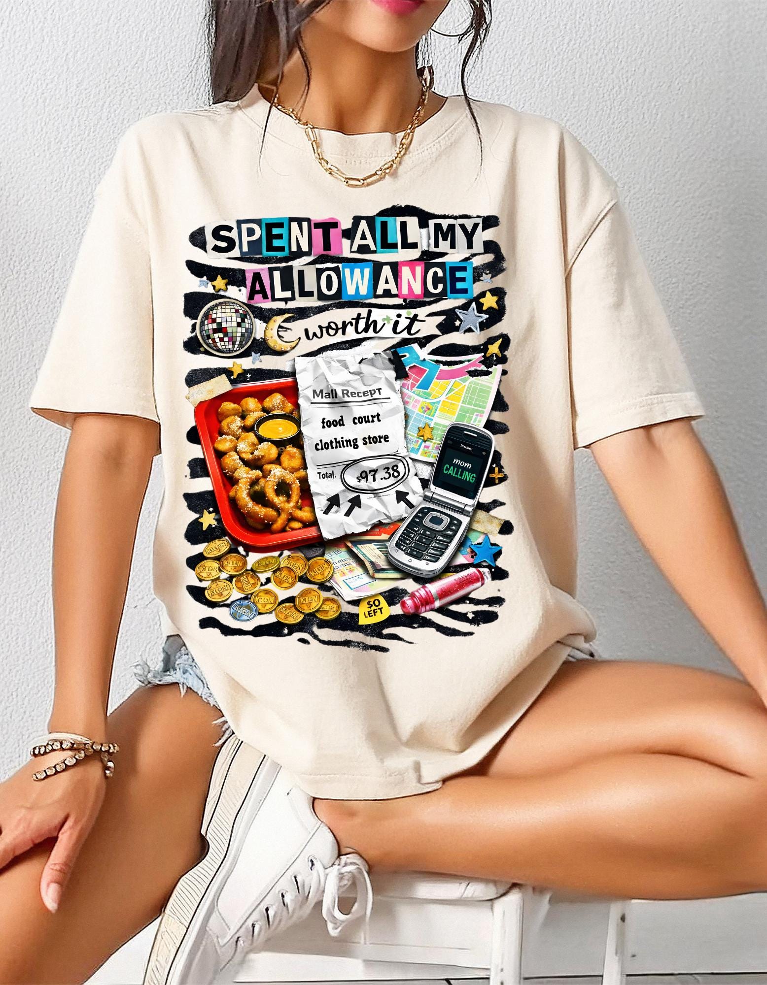 Spent All My Allowance T-Shirt | Retro Snacks, Coins, Flip Phone Design