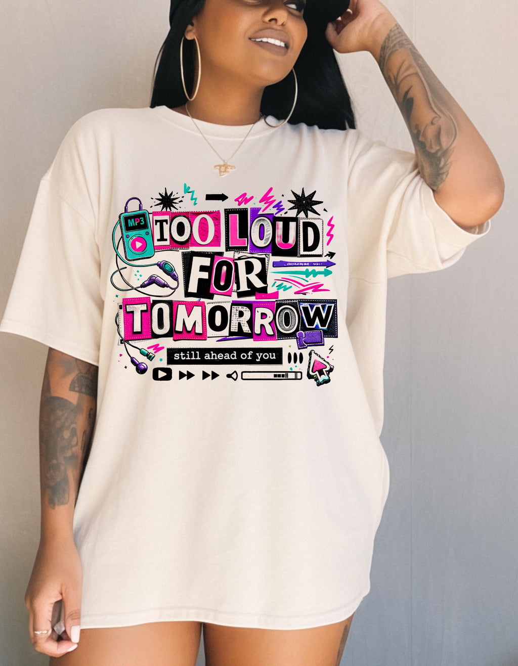 Too Loud For Tomorrow graphic T-Shirt | Retro cassette, neon doodles