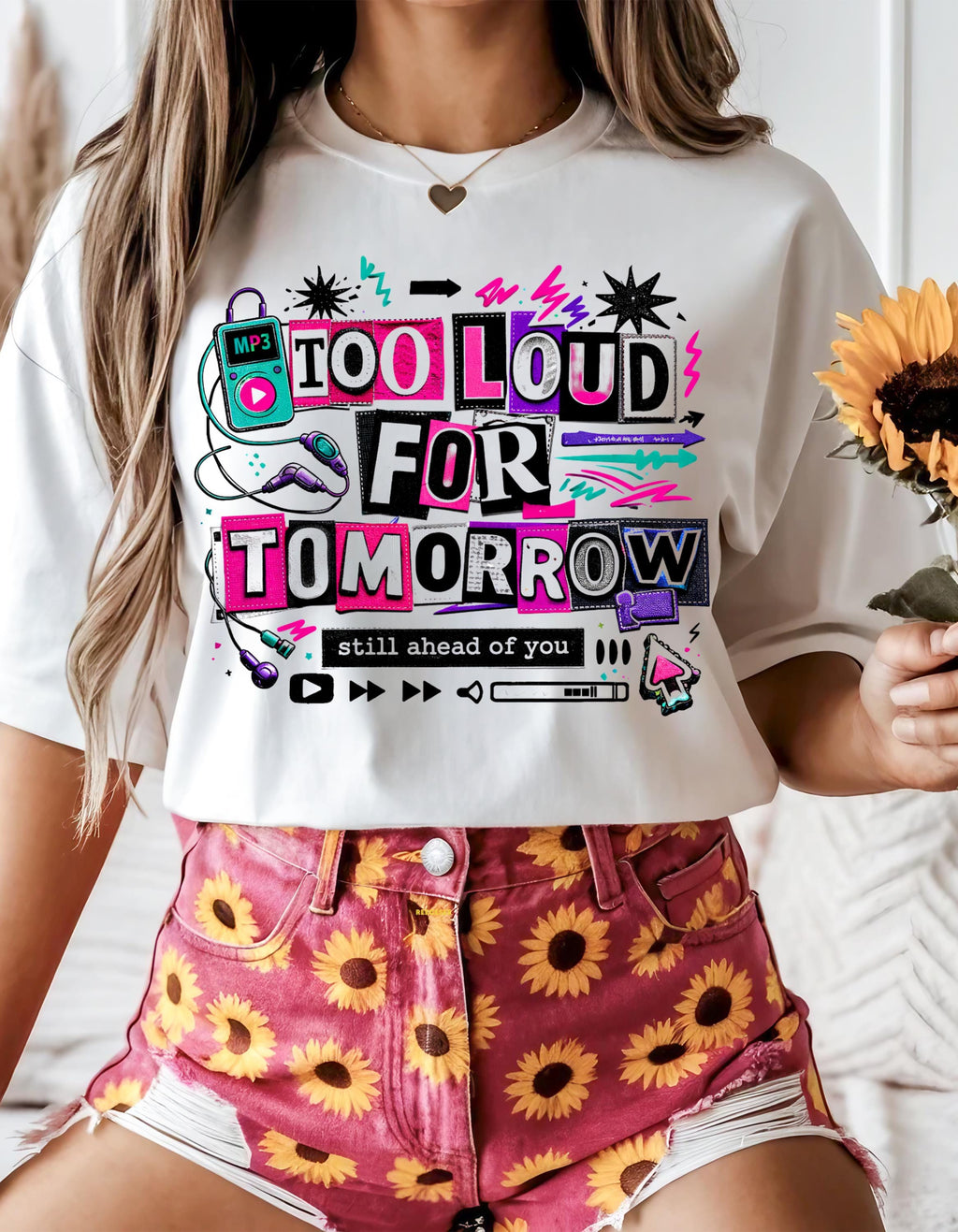 Too Loud For Tomorrow graphic T-Shirt | Retro cassette, neon doodles