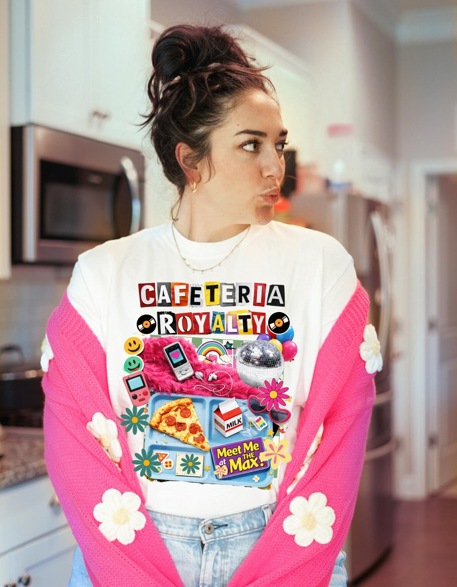Cafeteria Royalty T-Shirt | Retro School Lunch Pizza Milkbox Smiley Icons Graphic Tee