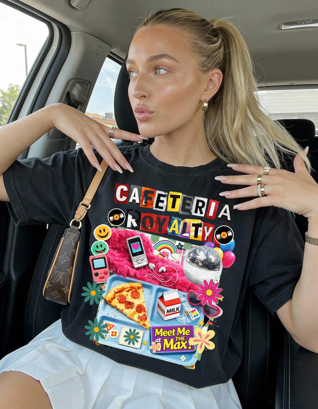 Cafeteria Royalty T-Shirt | Retro School Lunch Pizza Milkbox Smiley Icons Graphic Tee