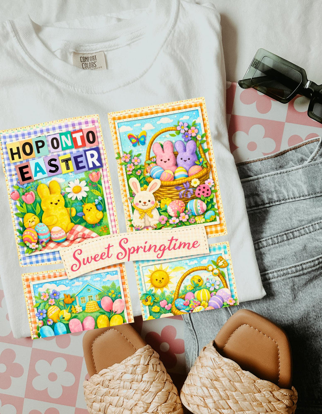 Easter Peeps Collage T-Shirt Sweet Springtime Graphic Tee Holiday Bunny Pastel Seasonal Unisex