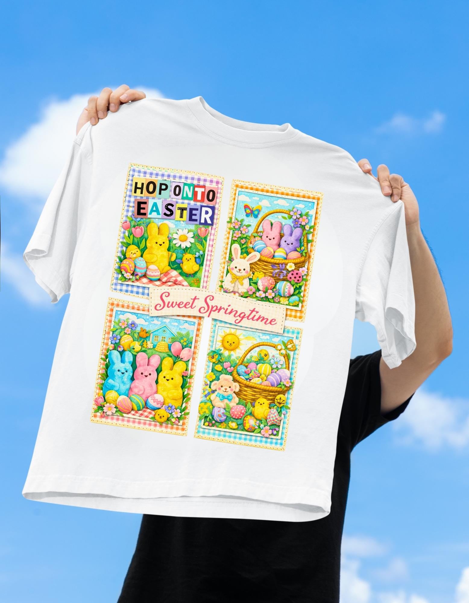 Easter Peeps Collage T-Shirt Sweet Springtime Graphic Tee Holiday Bunny Pastel Seasonal Unisex