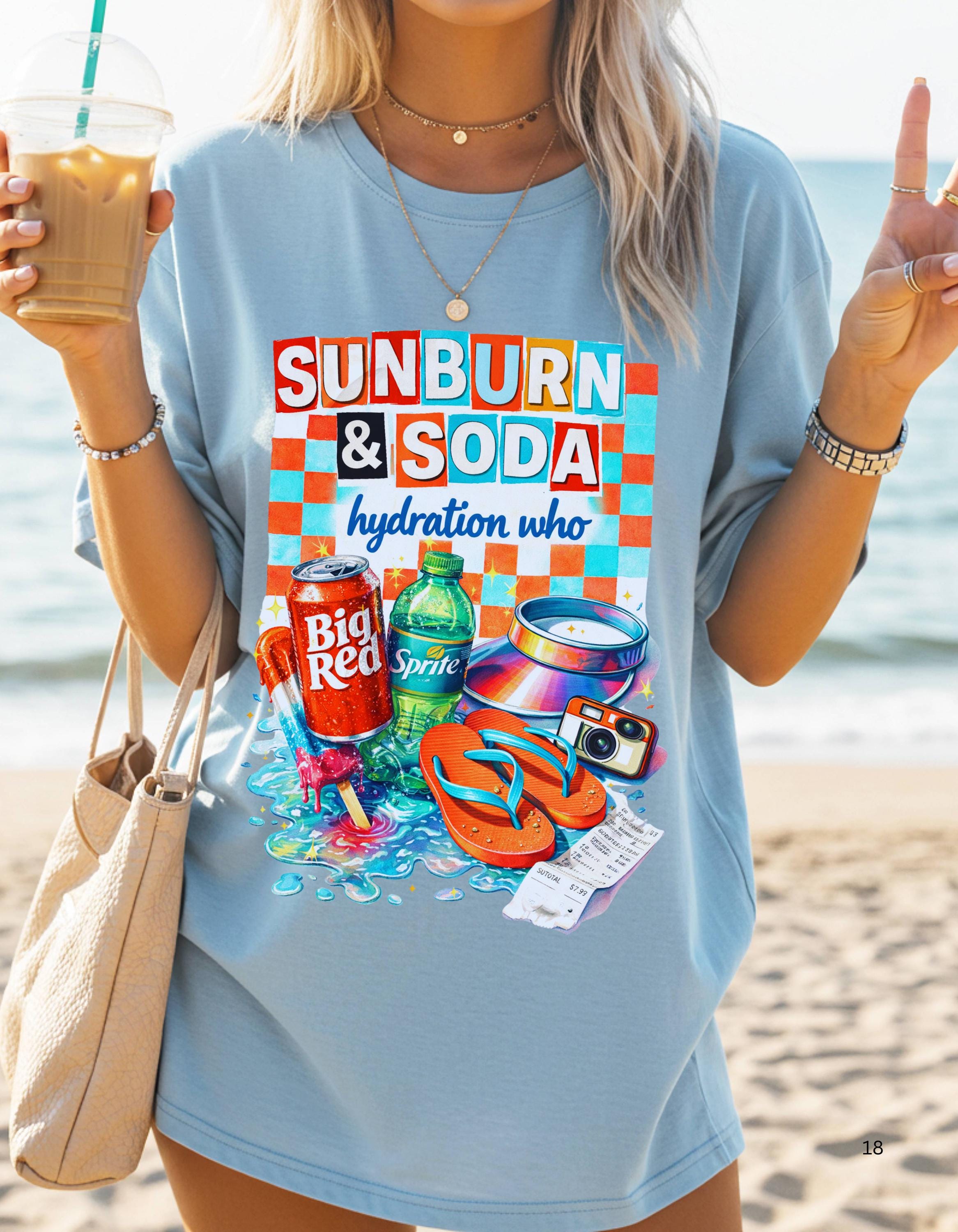 Sunburn & Soda Graphic T-Shirt | Retro Beach Hydration Design Unisex Summer Tee