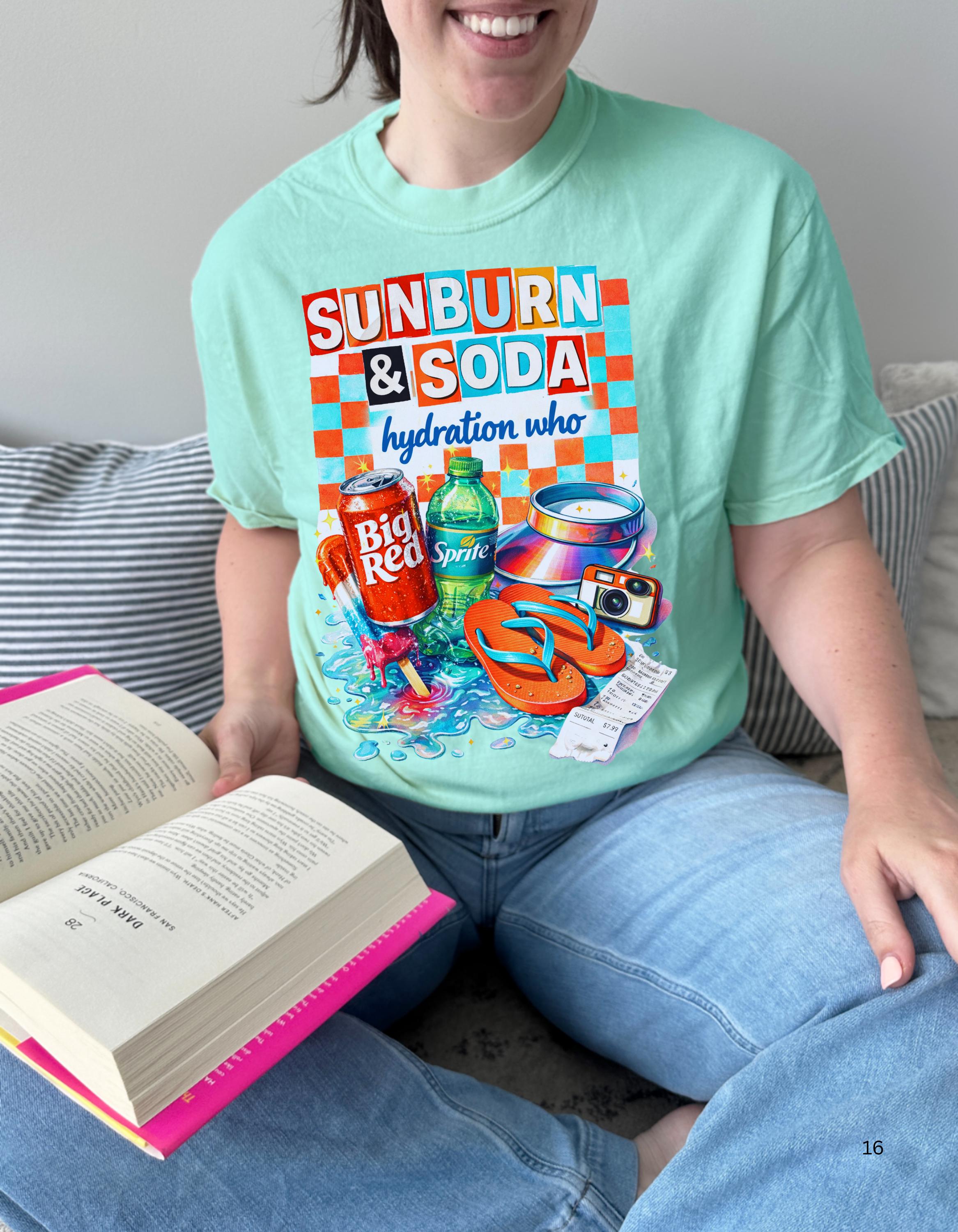 Sunburn & Soda Graphic T-Shirt | Retro Beach Hydration Design Unisex Summer Tee