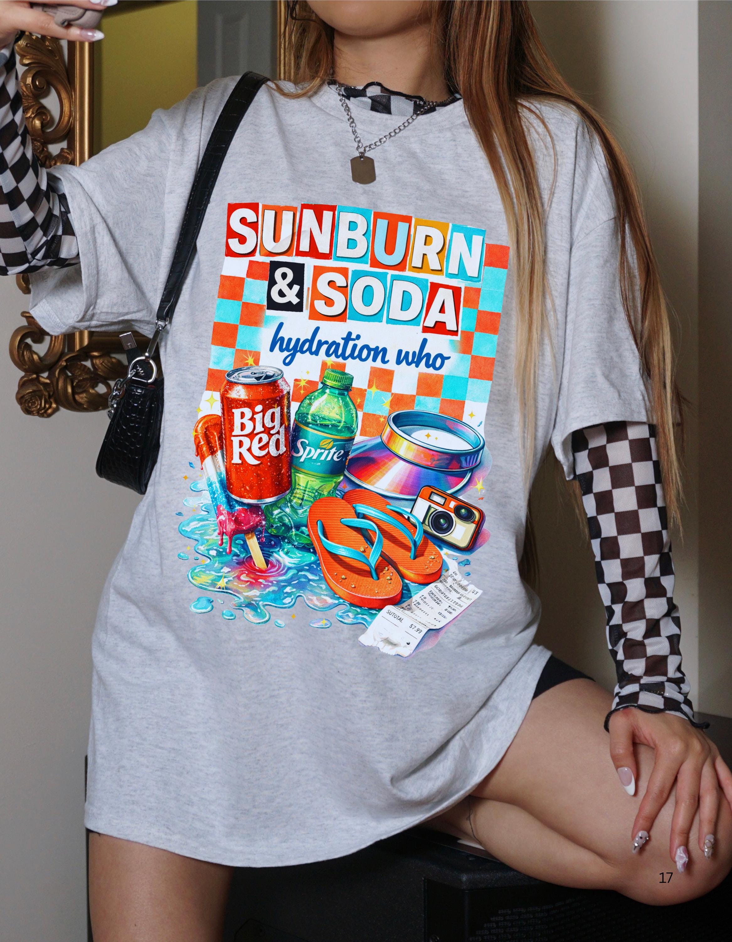 Sunburn & Soda Graphic T-Shirt | Retro Beach Hydration Design Unisex Summer Tee