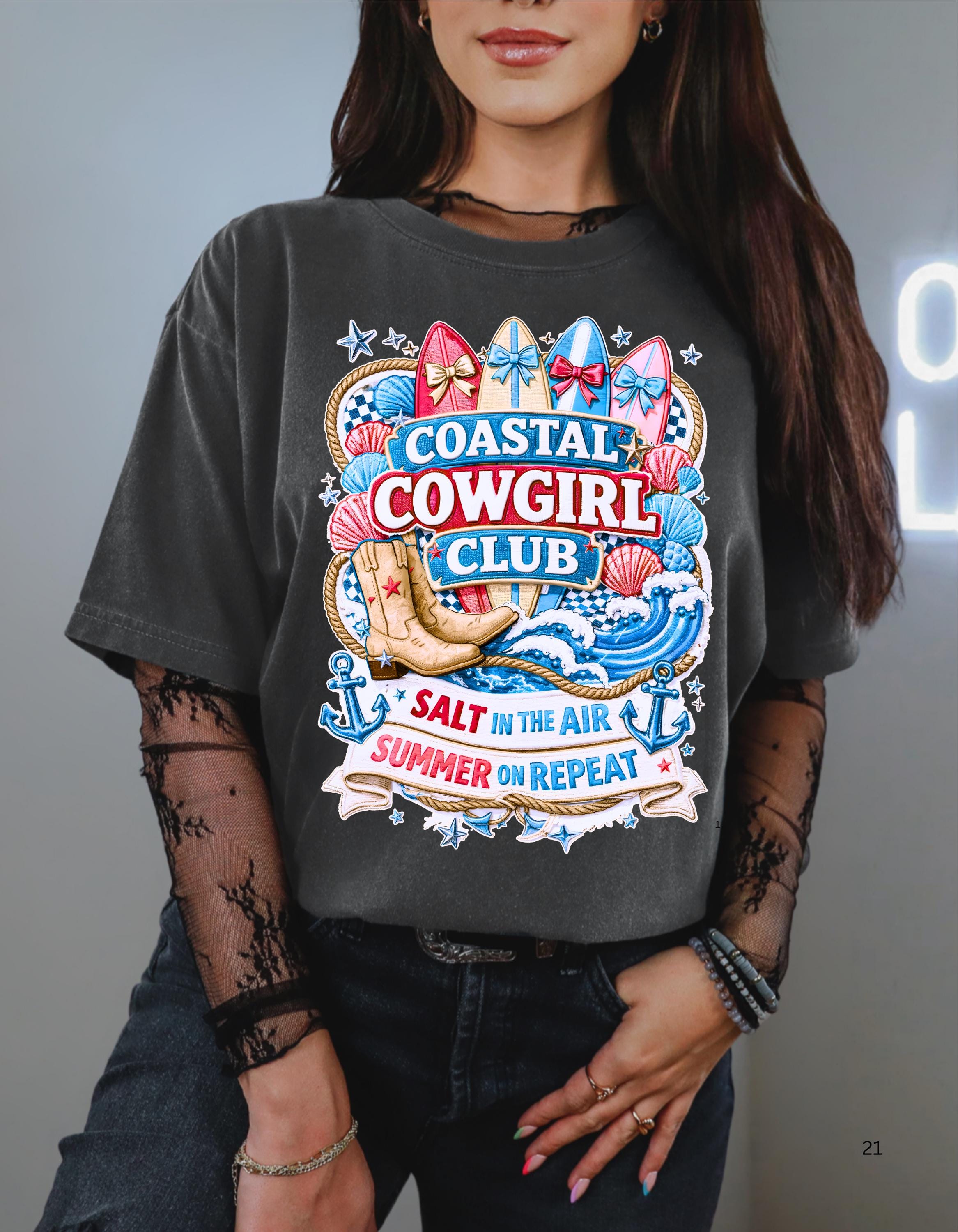 Coastal Cowgirl Club T-Shirt | Salt Air Summer Vibes Beach Tee for Women Surfer Style
