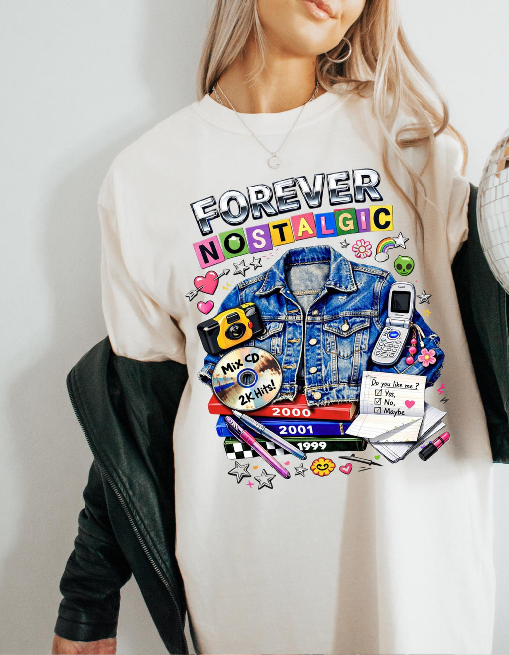 Forever Nostalgic Denim Jacket Illustration T-Shirt | 90s Retro Collage