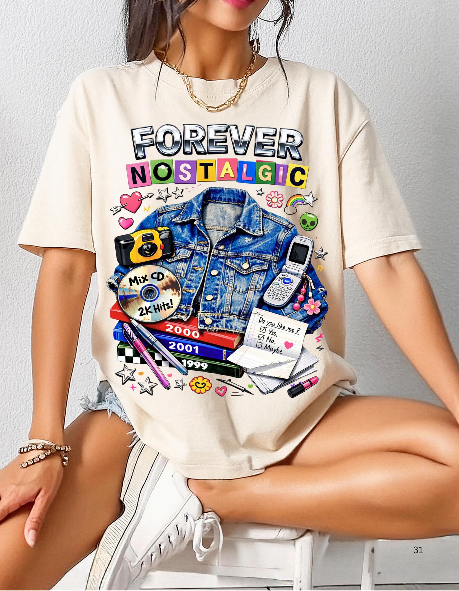 Forever Nostalgic Denim Jacket Illustration T-Shirt | 90s Retro Collage