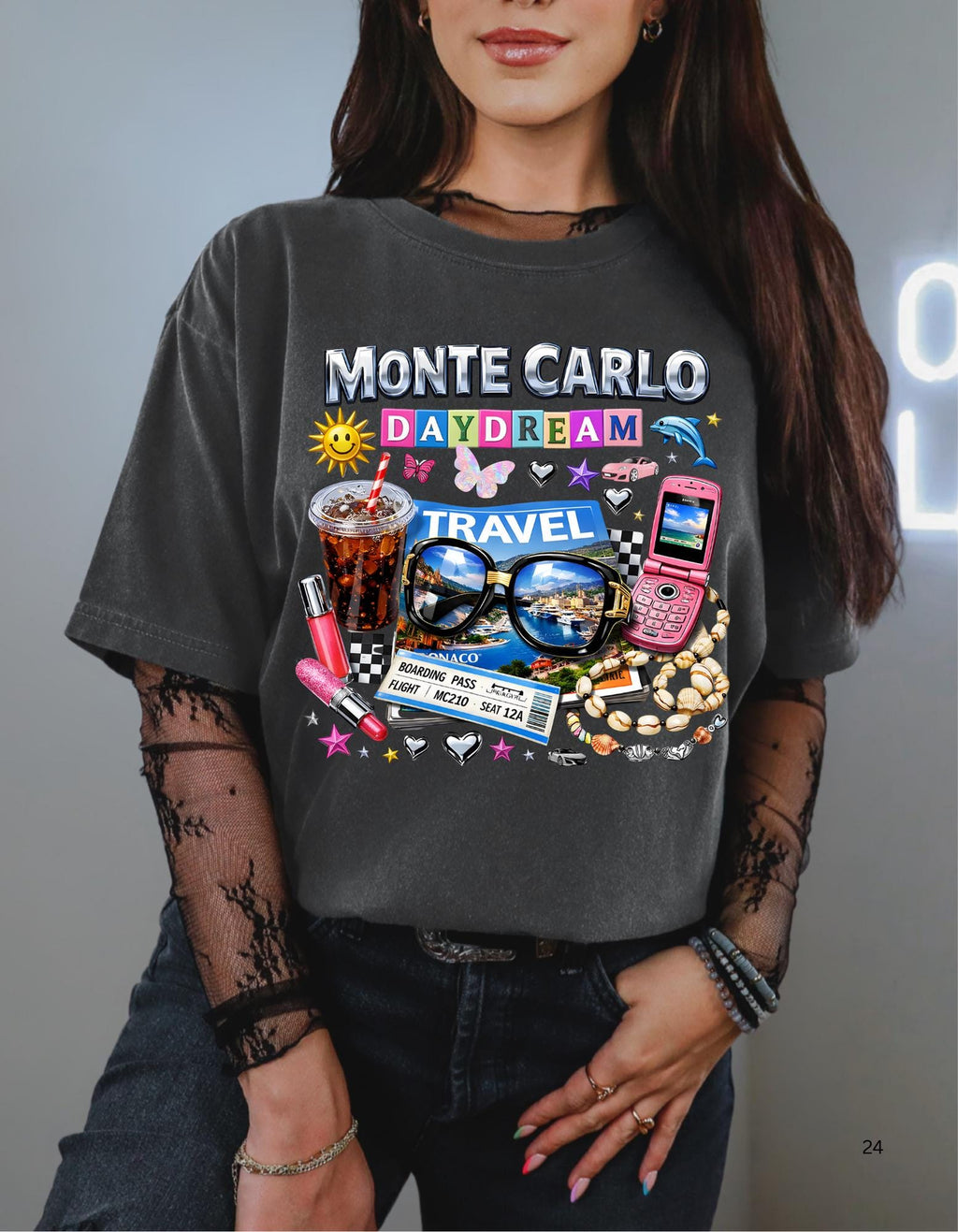 Monte Carlo Daydream travel collage T-shirt | sunglasses, cassette, flip phone