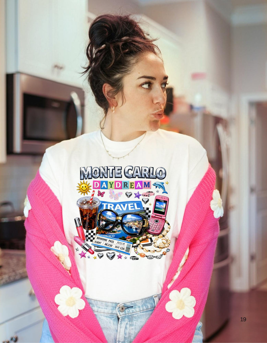 Monte Carlo Daydream travel collage T-shirt | sunglasses, cassette, flip phone
