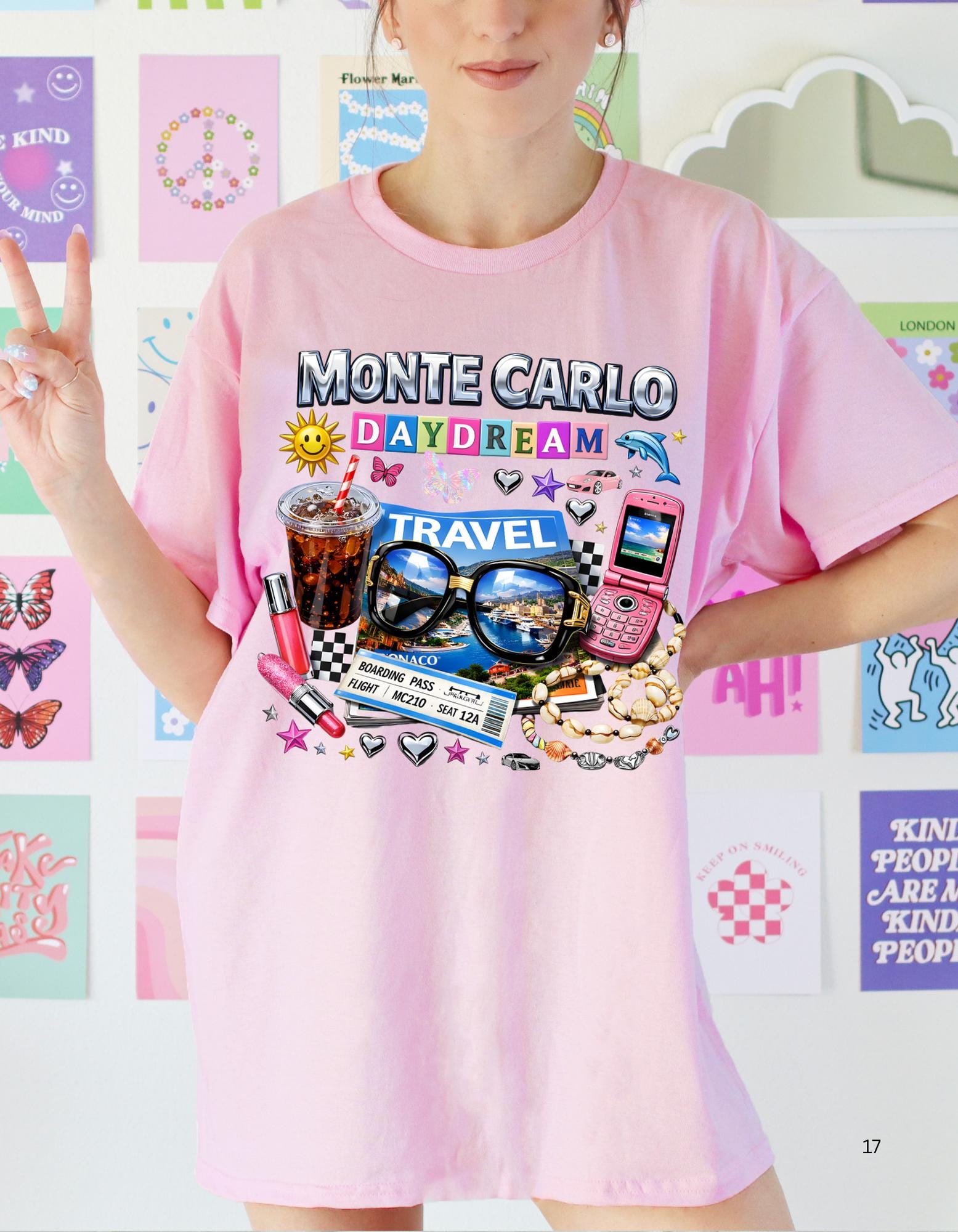Monte Carlo Daydream travel collage T-shirt | sunglasses, cassette, flip phone