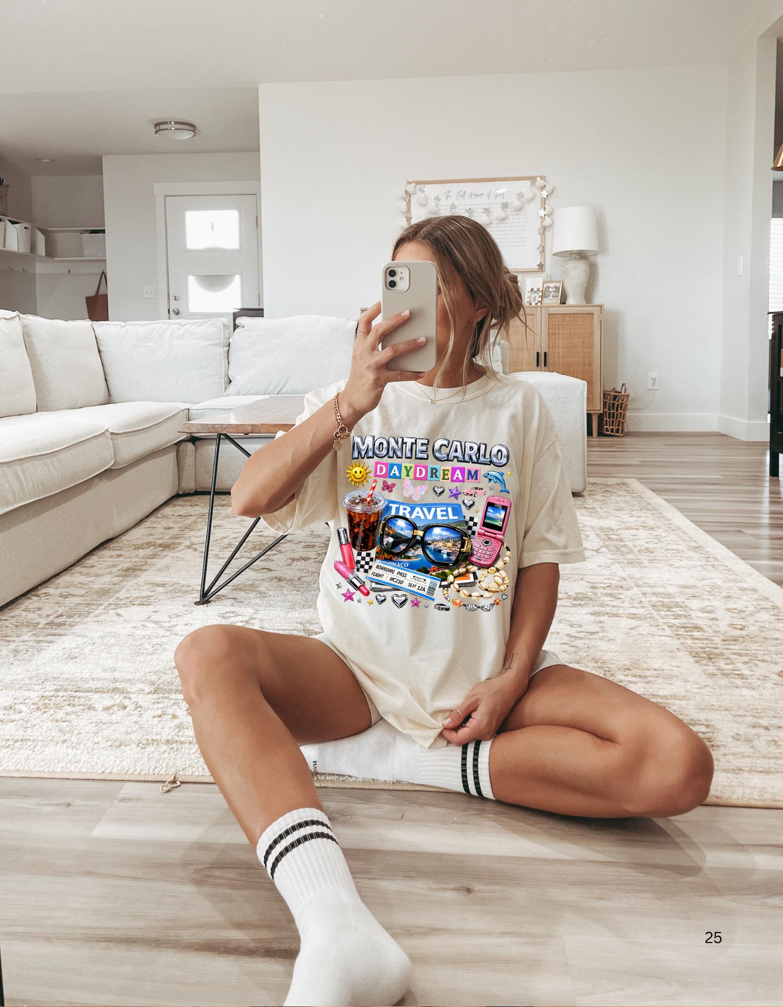 Monte Carlo Daydream travel collage T-shirt | sunglasses, cassette, flip phone