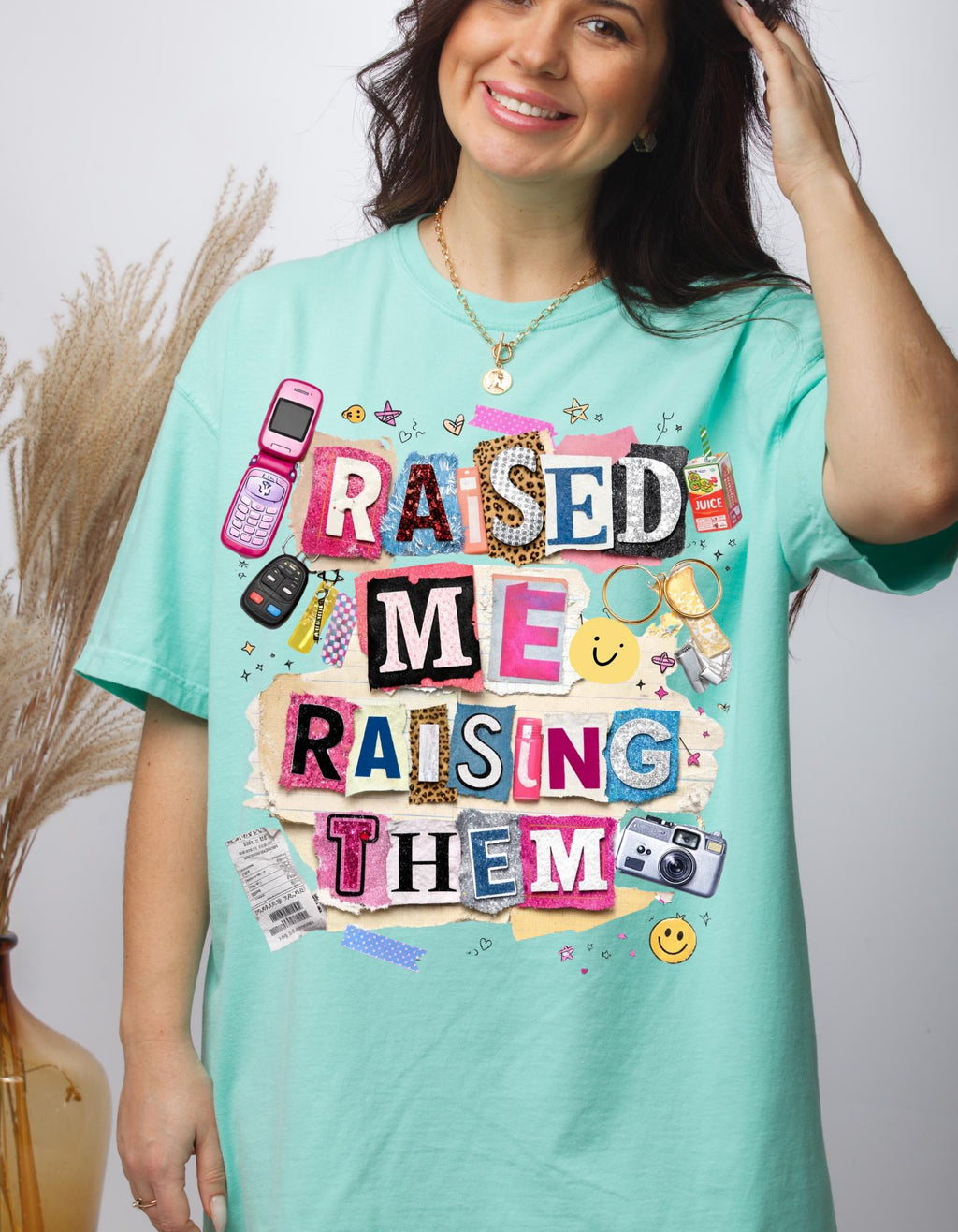Raised Me Raising Them Retro Collage Mom Pride T-Shirt | Motherhood Appreciation Tee Gift