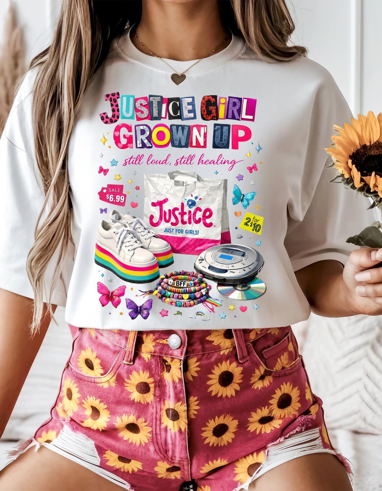 Justice Girl Grown Up Tee | 90s Nostalgia Graphic T-Shirt Cassette Rollerblade Design Vintage Throwback