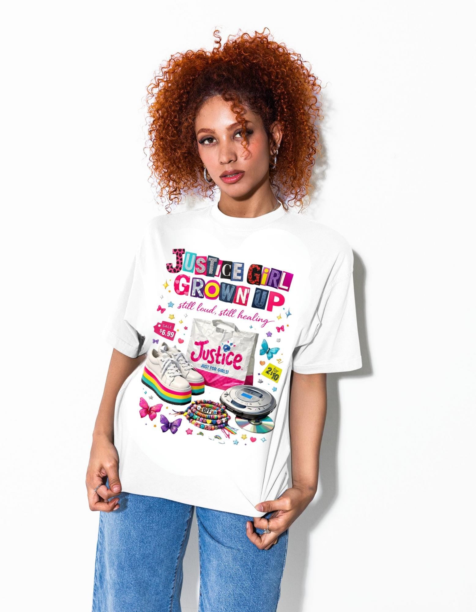 Justice Girl Grown Up Tee | 90s Nostalgia Graphic T-Shirt Cassette Rollerblade Design Vintage Throwback