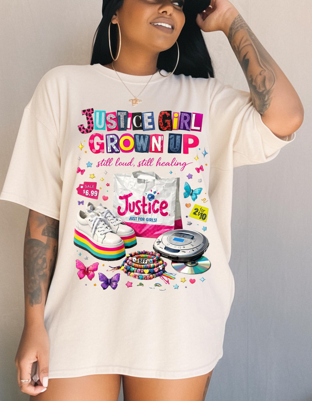 Justice Girl Grown Up Tee | 90s Nostalgia Graphic T-Shirt Cassette Rollerblade Design Vintage Throwback