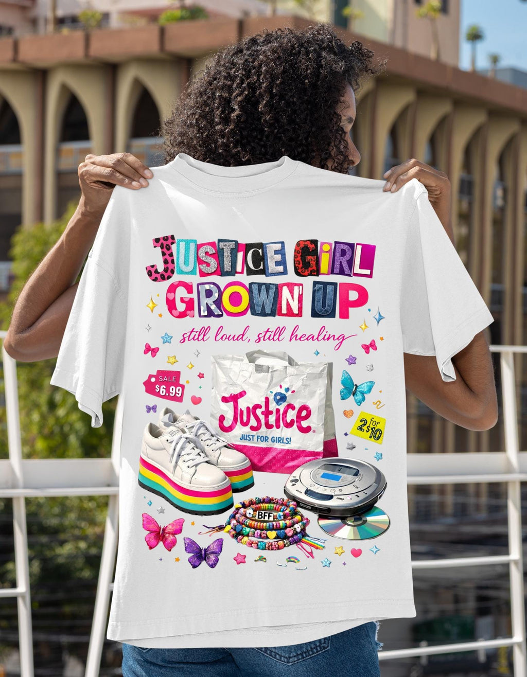 Justice Girl Grown Up Tee | 90s Nostalgia Graphic T-Shirt Cassette Rollerblade Design Vintage Throwback