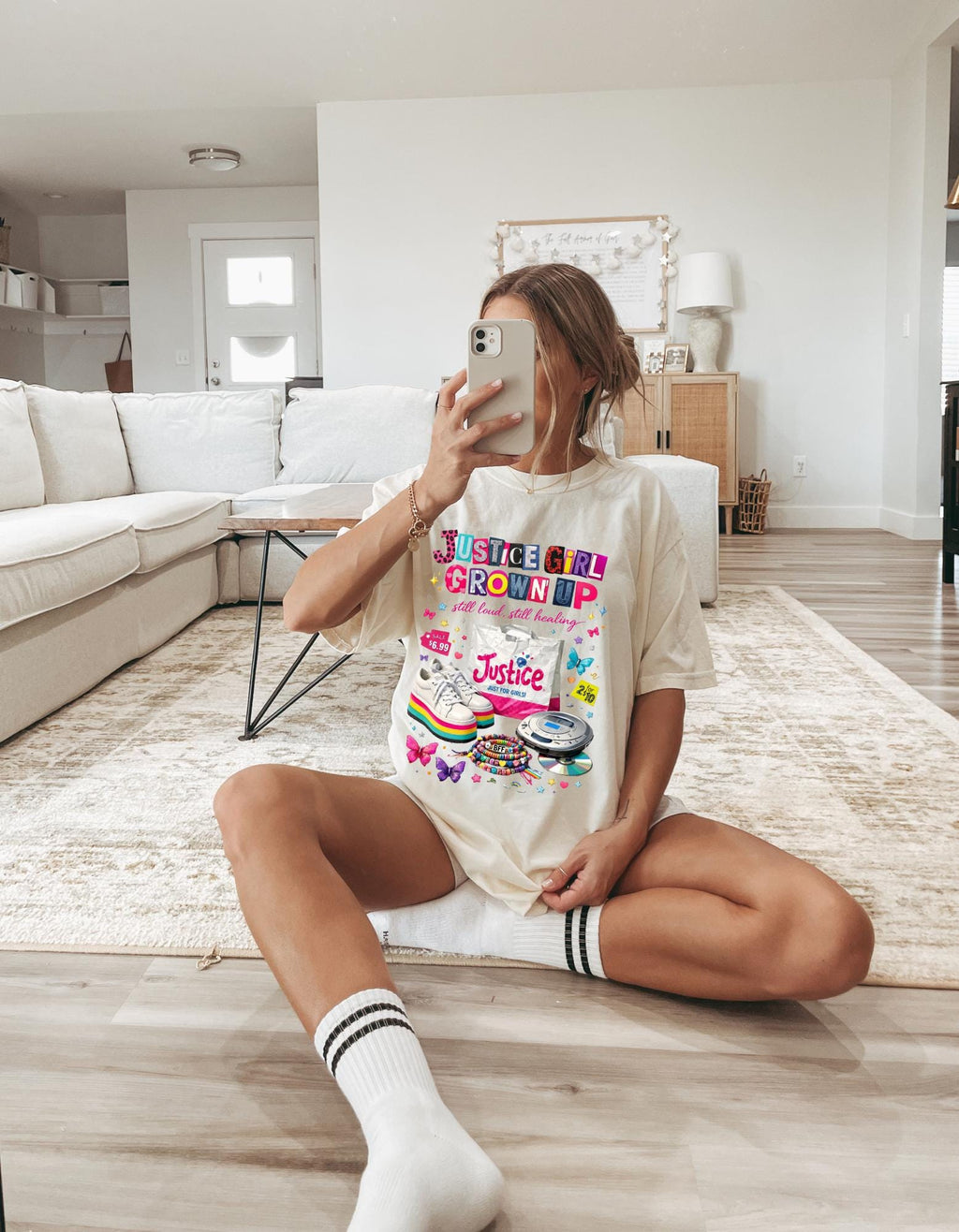 Justice Girl Grown Up Tee | 90s Nostalgia Graphic T-Shirt Cassette Rollerblade Design Vintage Throwback