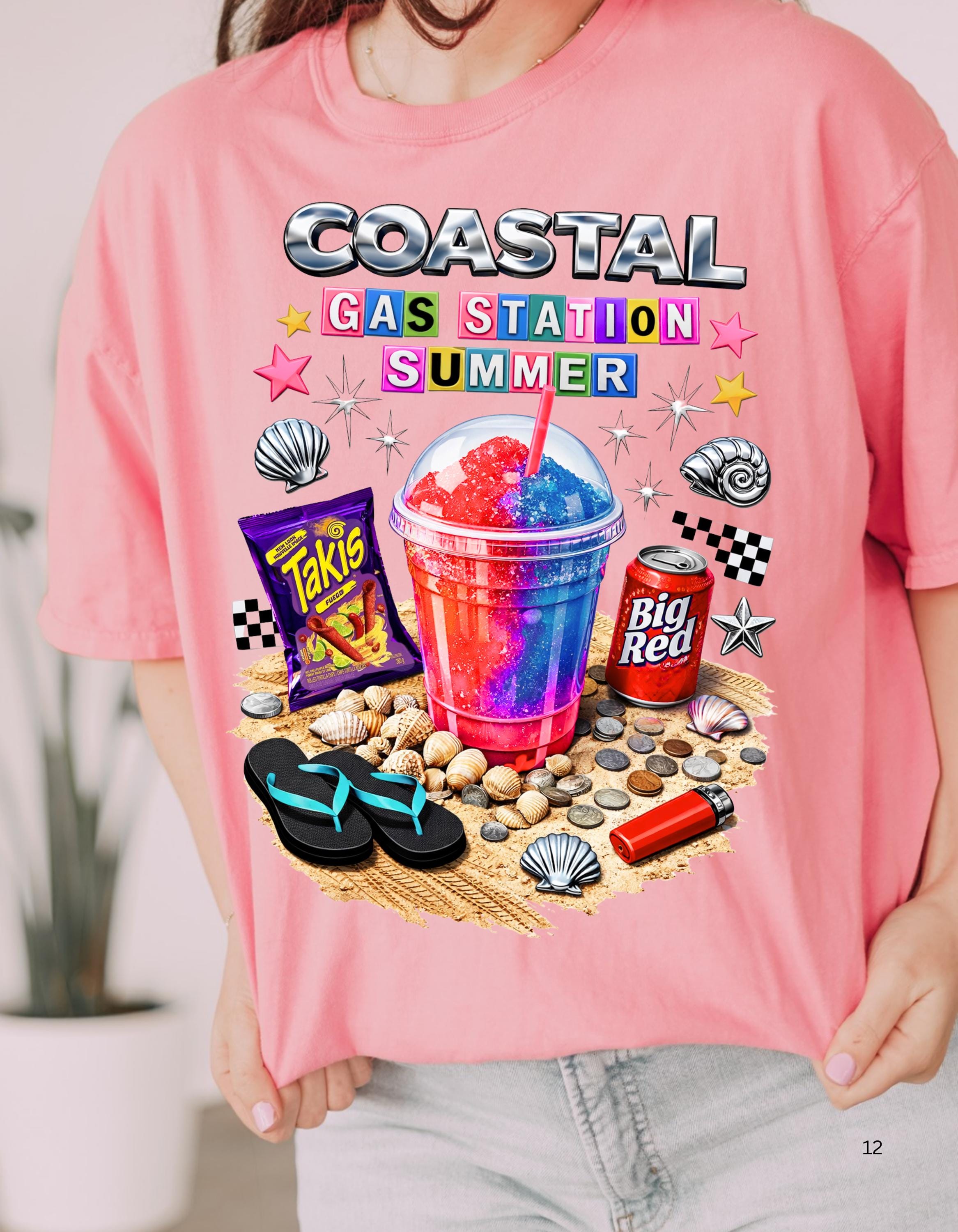 Coastal Gas Station Summer T-shirt | Slushie, Snacks, Seashells, Beach Vibes