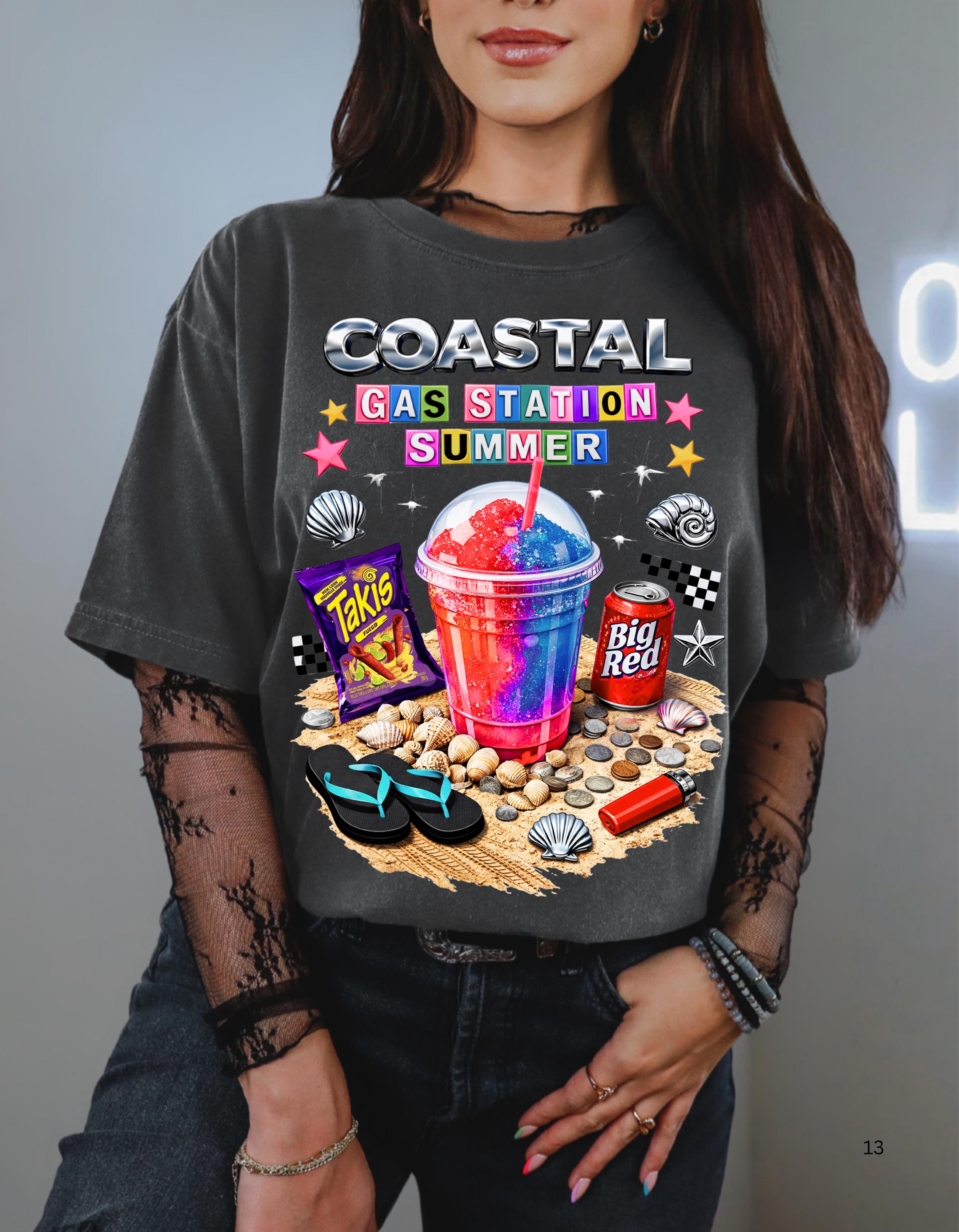 Coastal Gas Station Summer T-shirt | Slushie, Snacks, Seashells, Beach Vibes