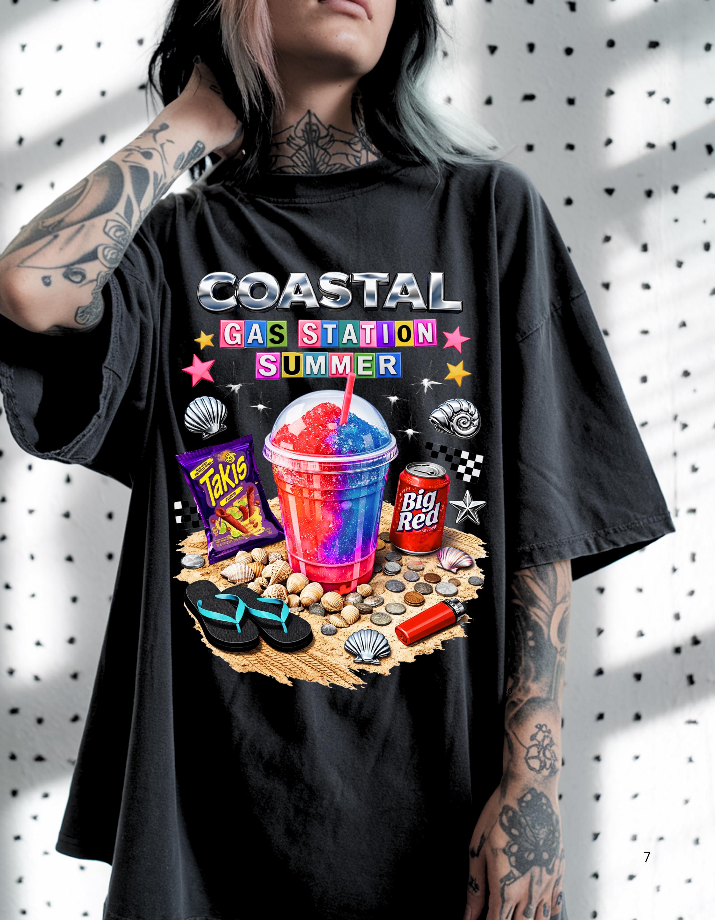 Coastal Gas Station Summer T-shirt | Slushie, Snacks, Seashells, Beach Vibes