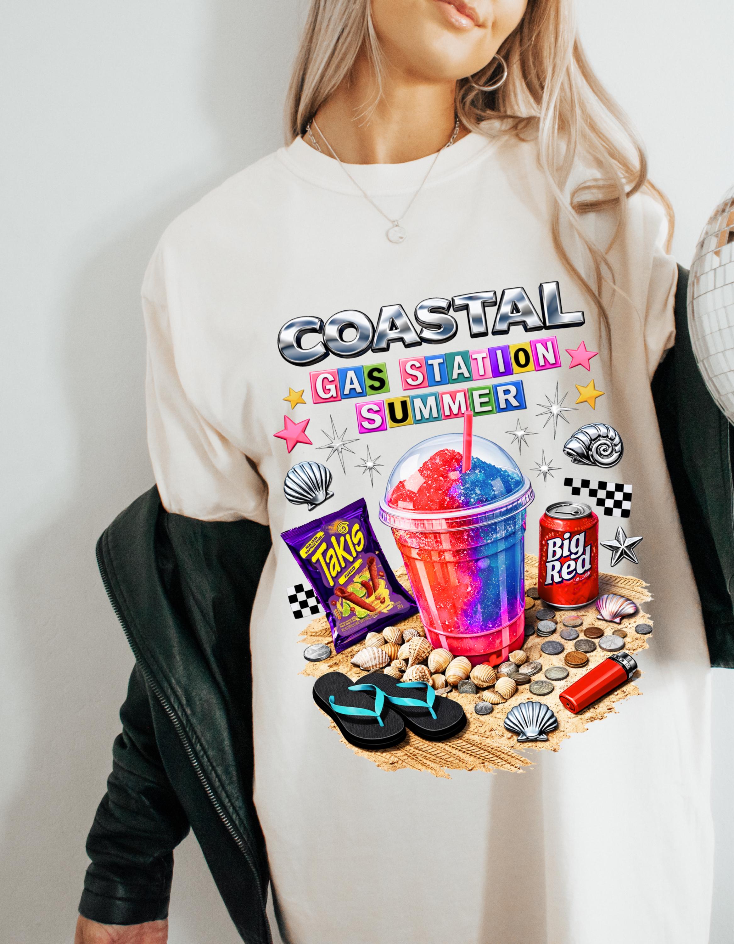 Coastal Gas Station Summer T-shirt | Slushie, Snacks, Seashells, Beach Vibes