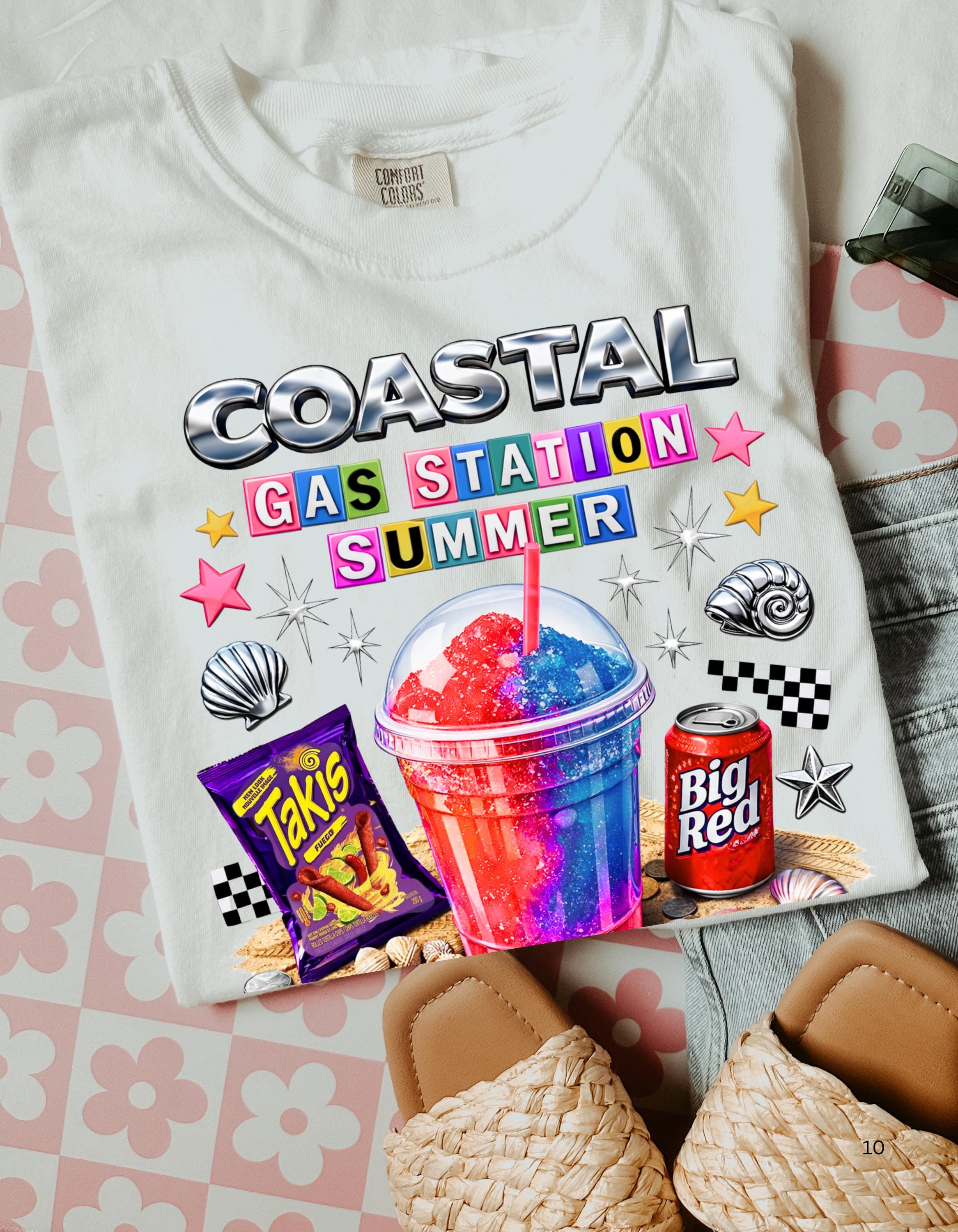 Coastal Gas Station Summer T-shirt | Slushie, Snacks, Seashells, Beach Vibes