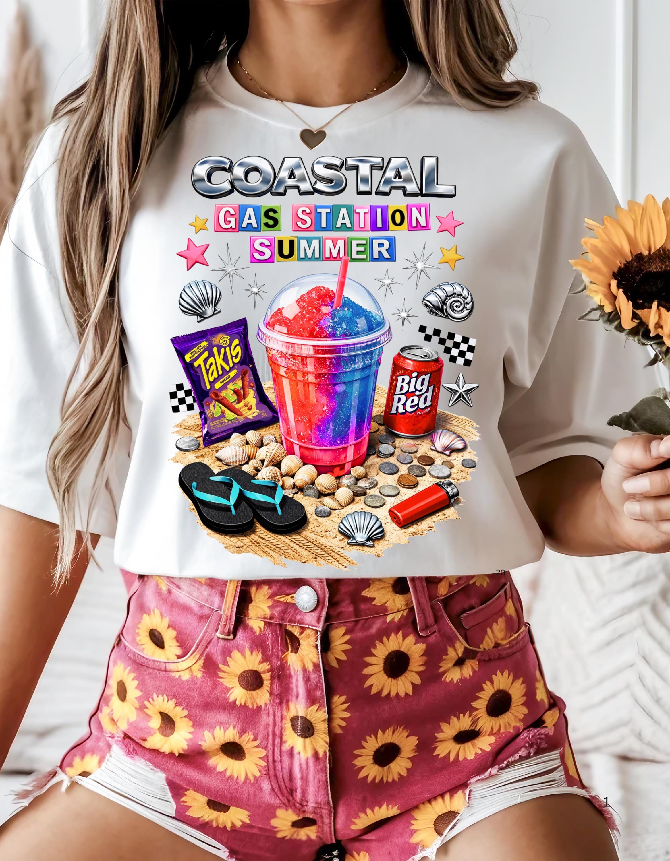 Coastal Gas Station Summer T-shirt | Slushie, Snacks, Seashells, Beach Vibes