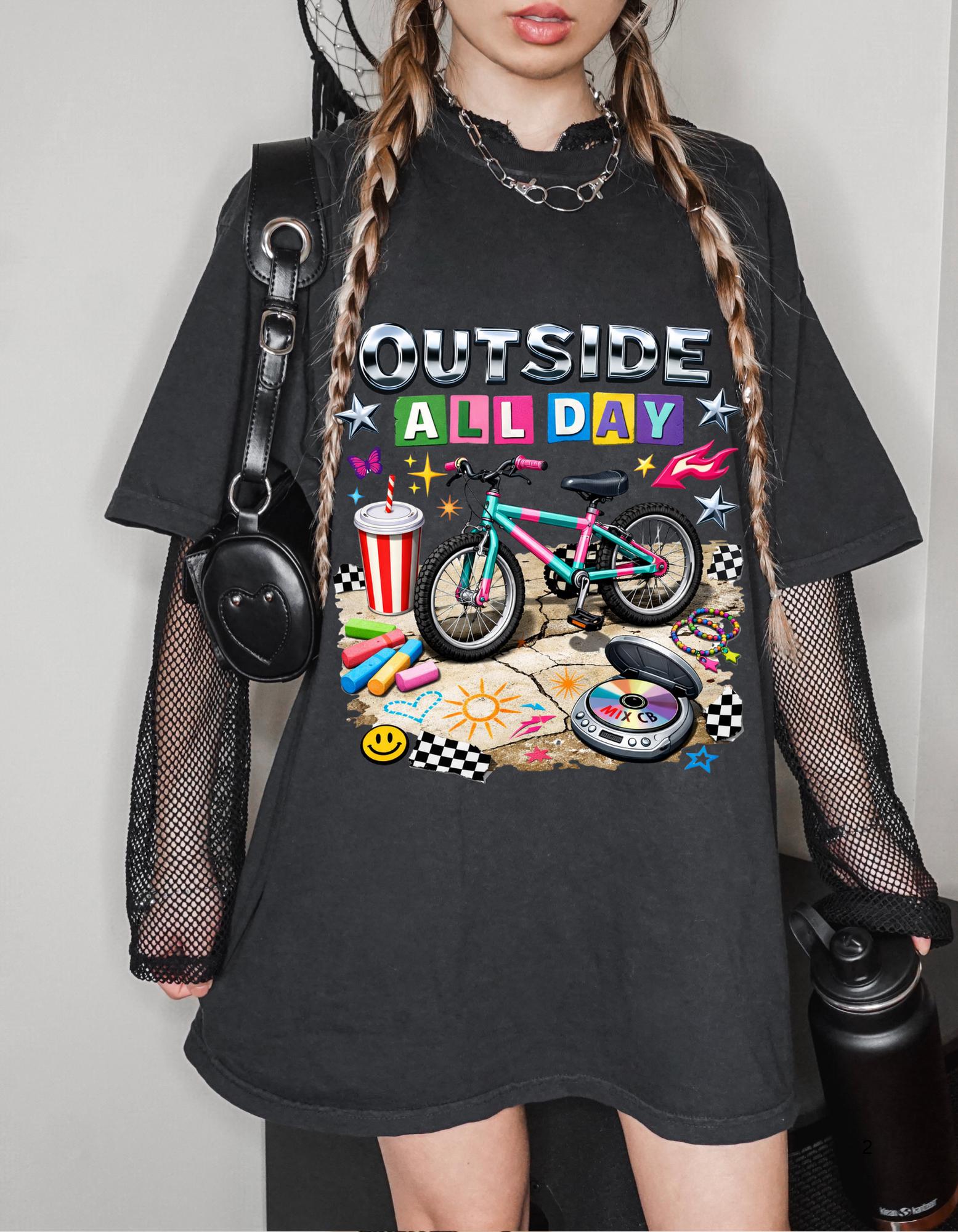 90s kid Outside All Day T-shirt | Bike Skateboard Summer Outdoor Kids Graphic