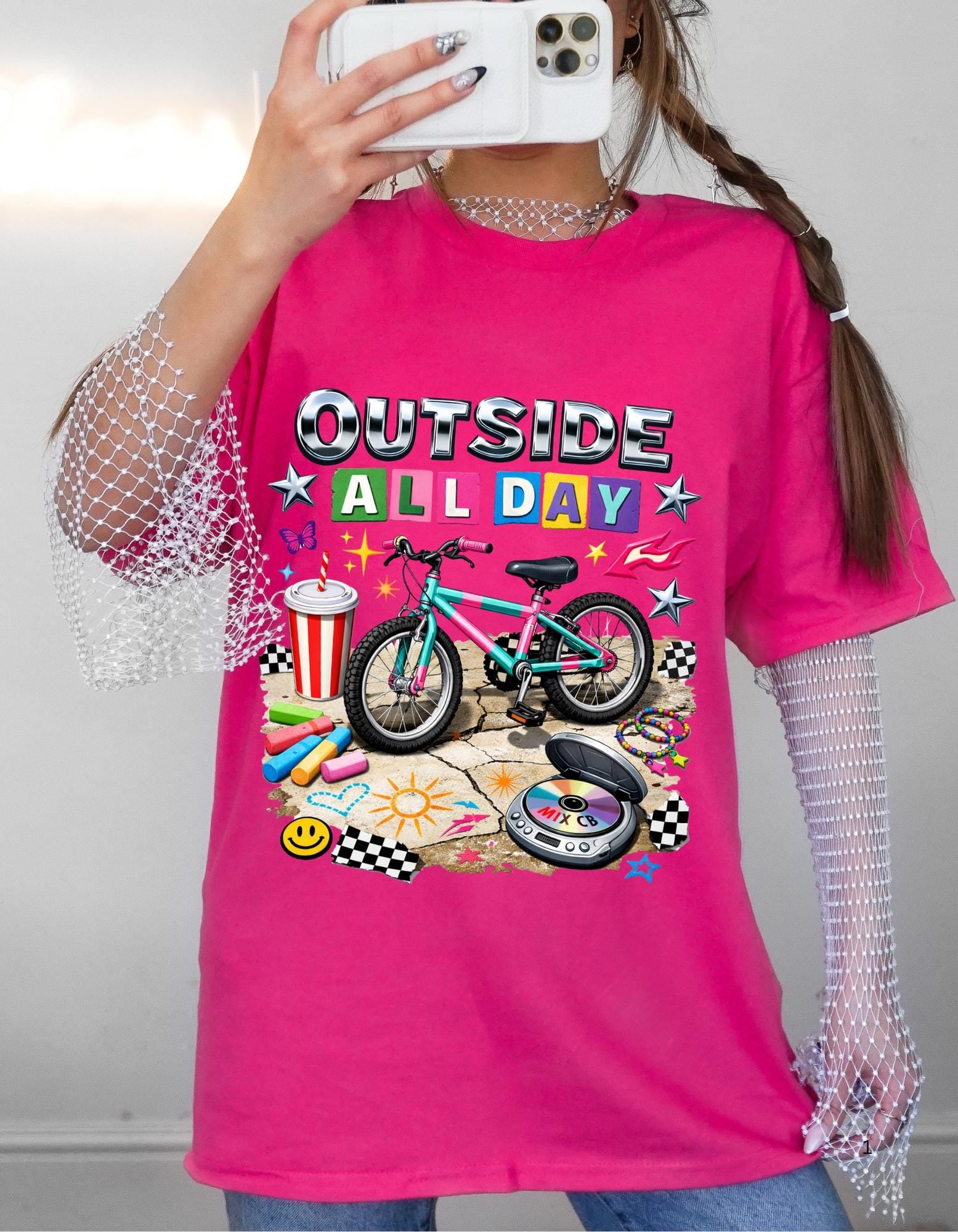 90s kid Outside All Day T-shirt | Bike Skateboard Summer Outdoor Kids Graphic
