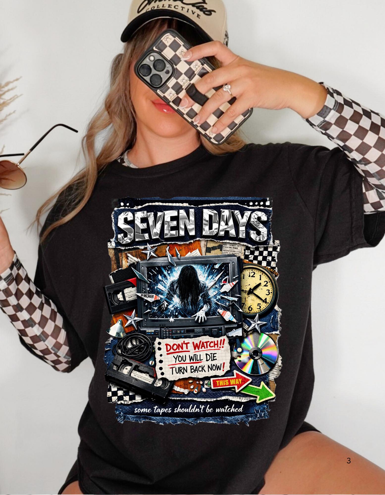 Seven Days horror collage T-shirt | Vintage VHS, clock, spooky film art