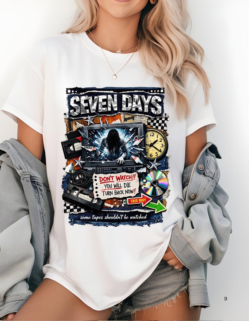 Seven Days horror collage T-shirt | Vintage VHS, clock, spooky film art