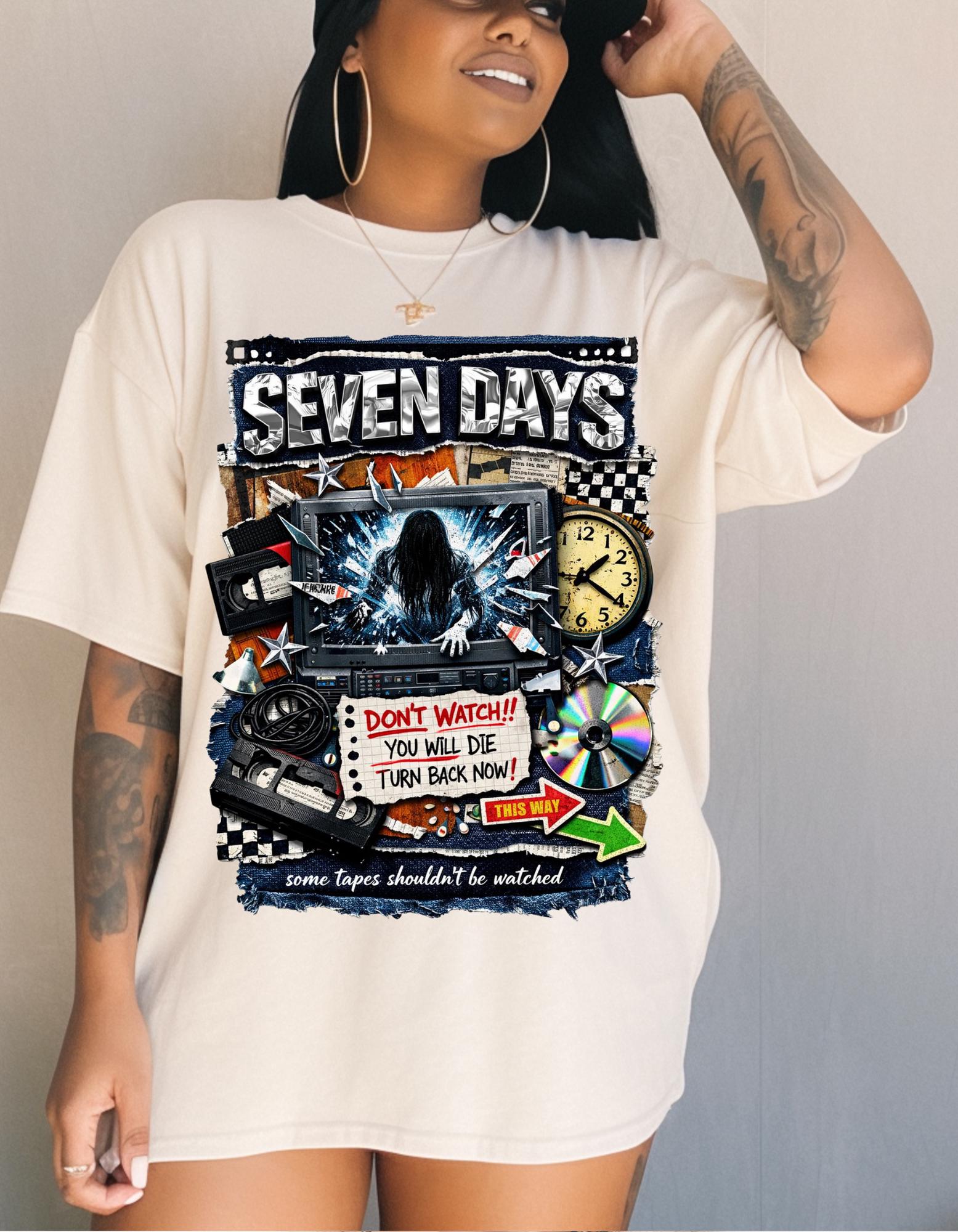 Seven Days horror collage T-shirt | Vintage VHS, clock, spooky film art