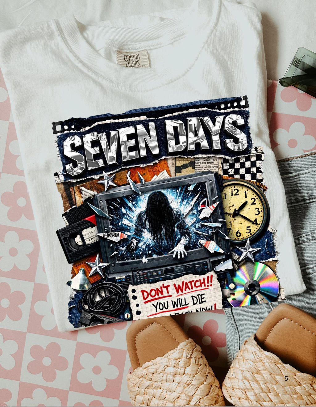 Seven Days horror collage T-shirt | Vintage VHS, clock, spooky film art