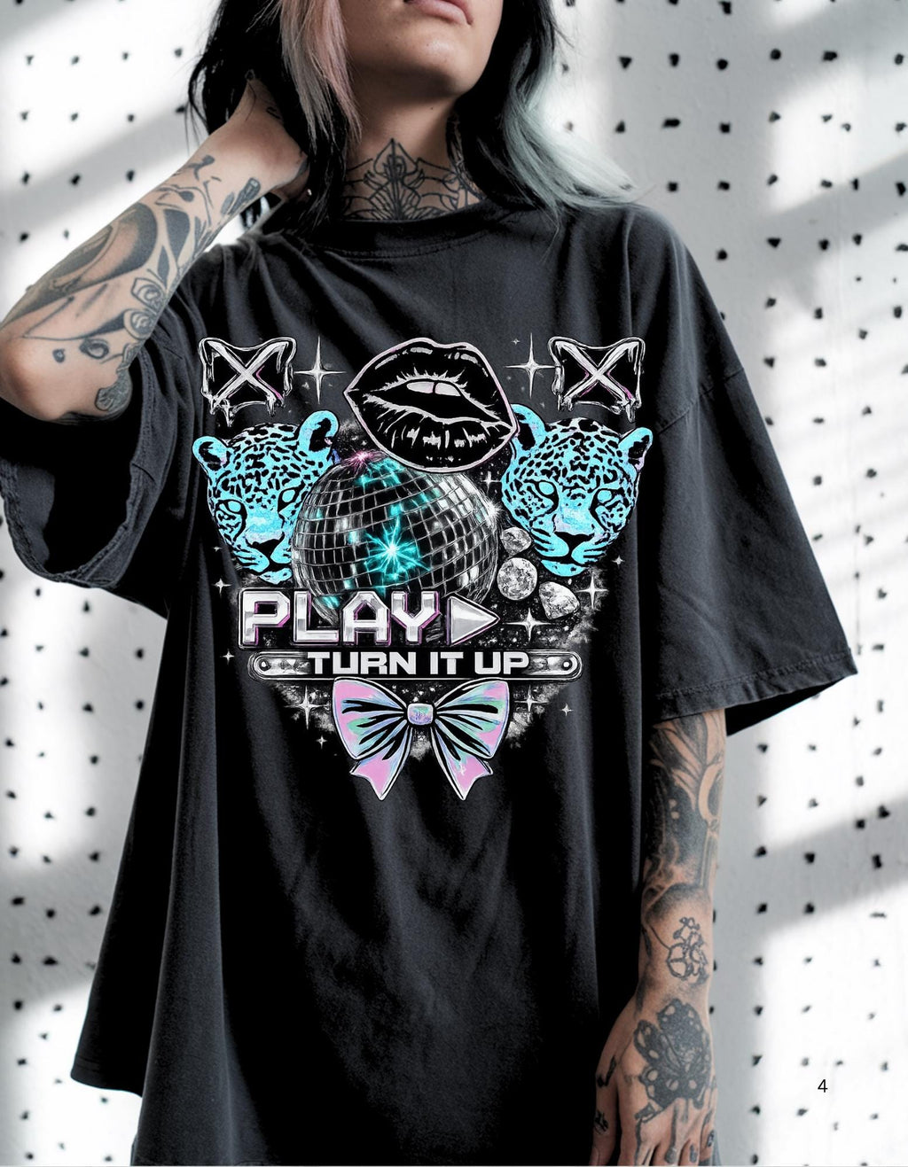 Play Turn It Up graphic T-shirt | retro lips, neon leopards, butterfly