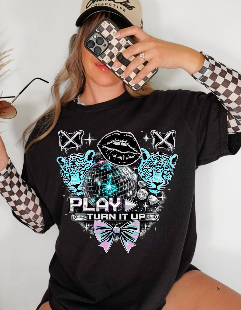 Play Turn It Up graphic T-shirt | retro lips, neon leopards, butterfly