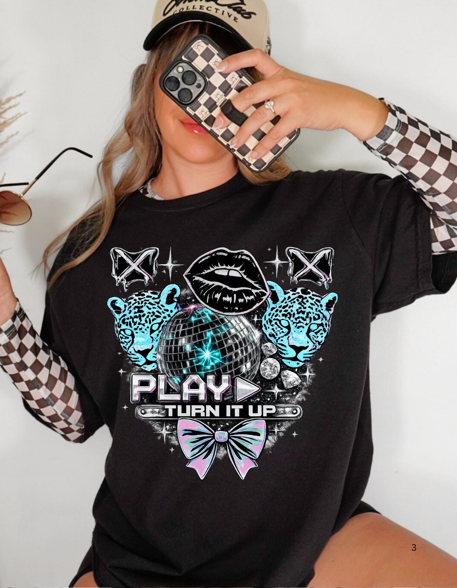 Play Turn It Up graphic T-shirt | retro lips, neon leopards, butterfly