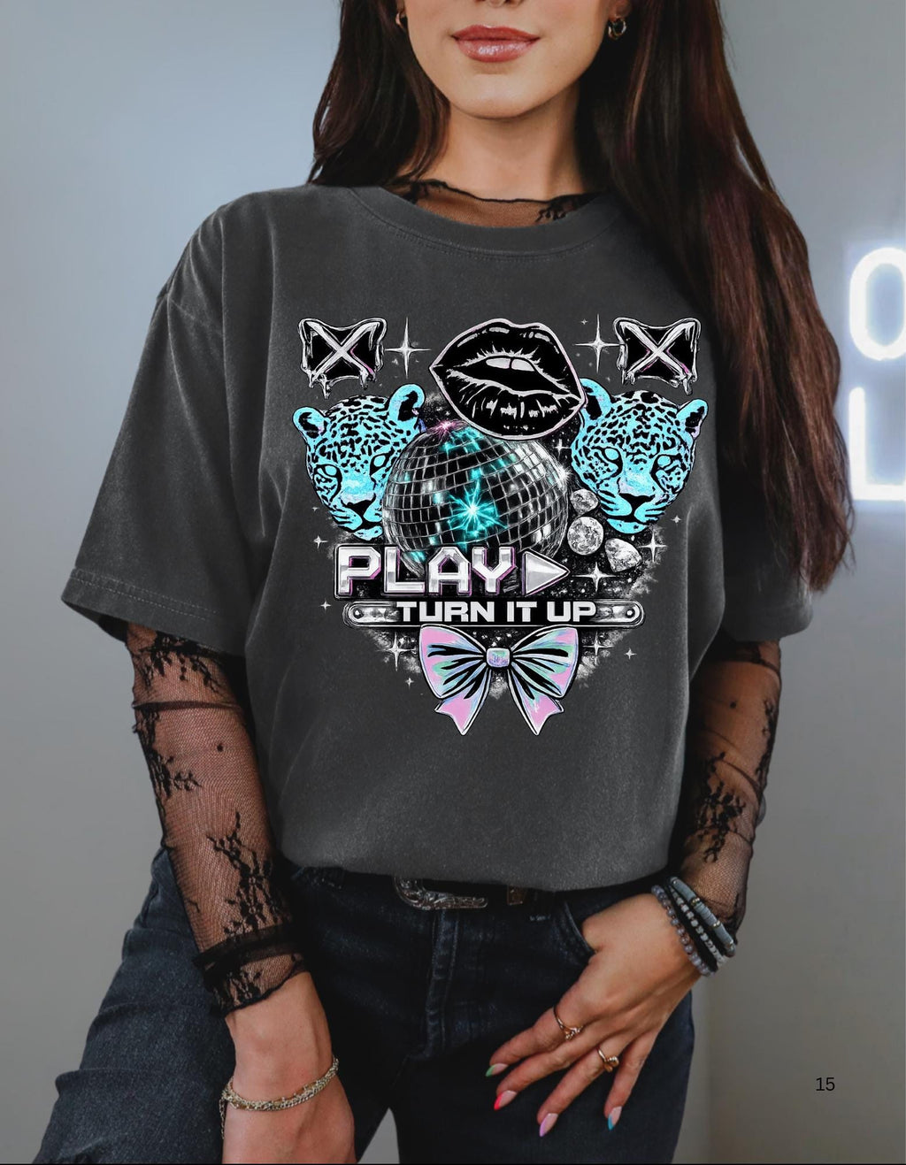 Play Turn It Up graphic T-shirt | retro lips, neon leopards, butterfly