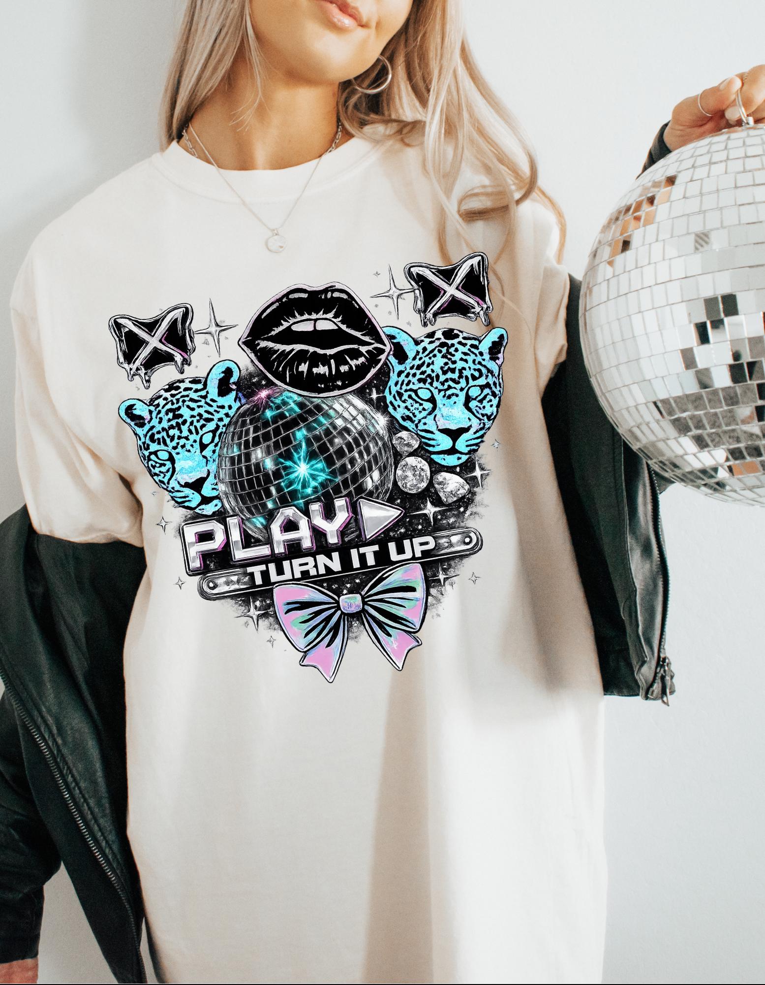 Play Turn It Up graphic T-shirt | retro lips, neon leopards, butterfly
