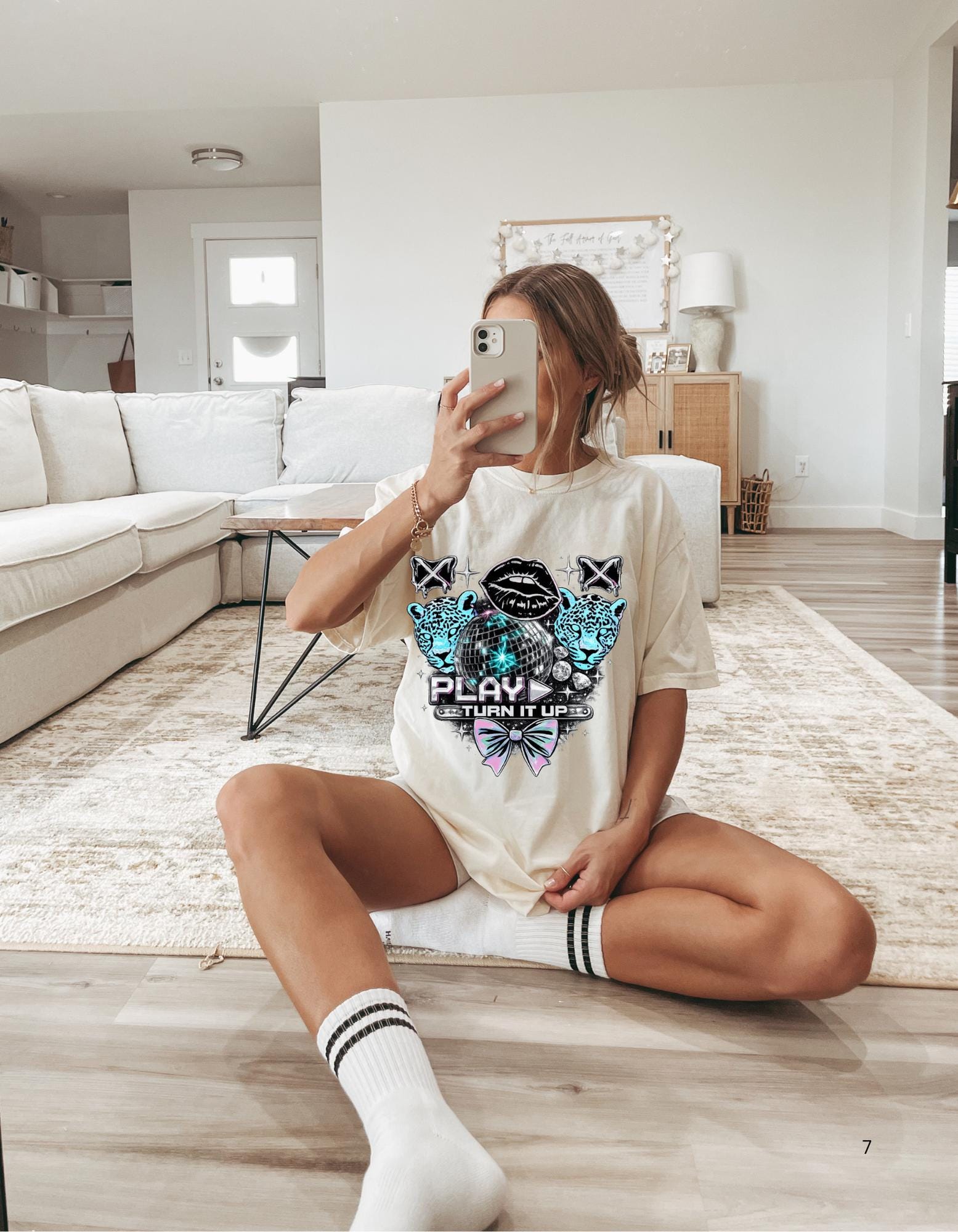 Play Turn It Up graphic T-shirt | retro lips, neon leopards, butterfly