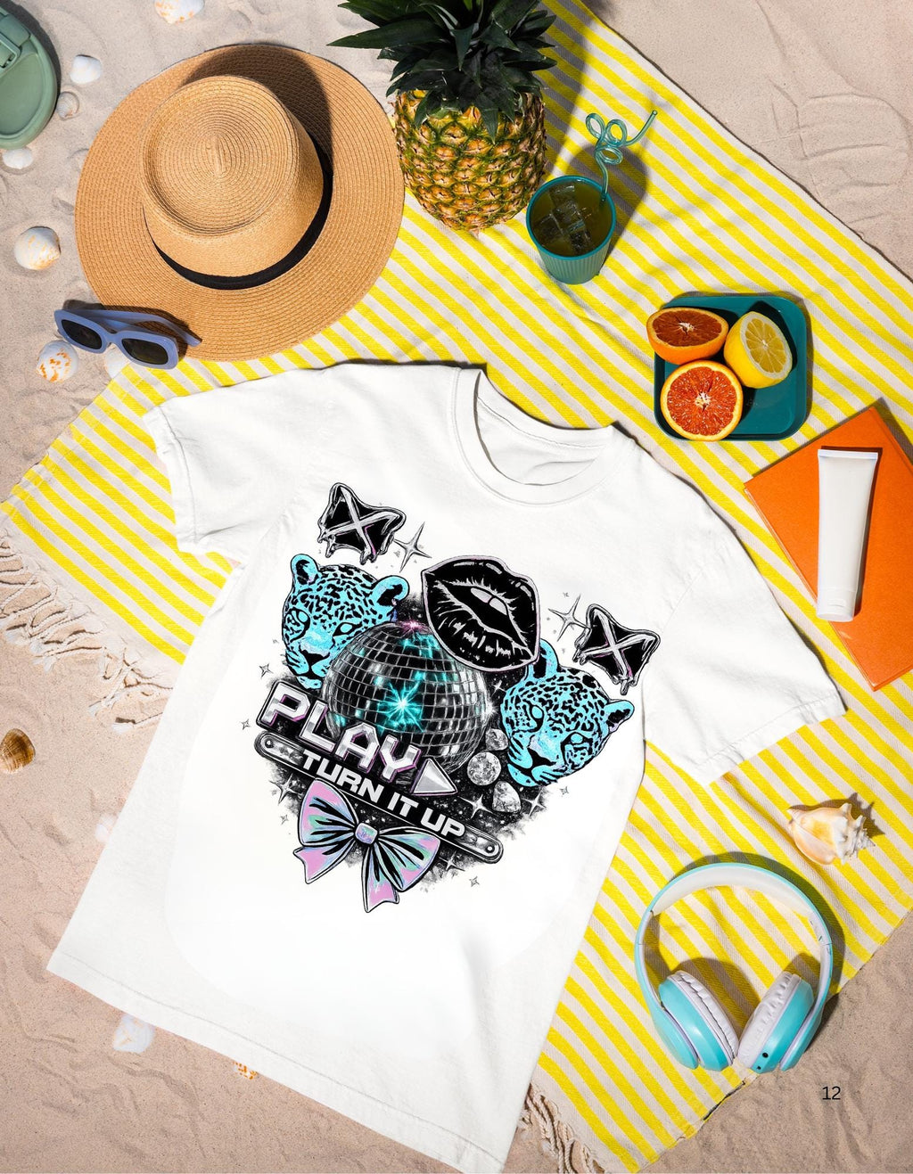 Play Turn It Up graphic T-shirt | retro lips, neon leopards, butterfly