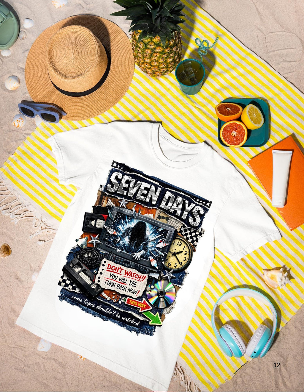 Seven Days horror collage T-shirt | VHS, clock, warning signs